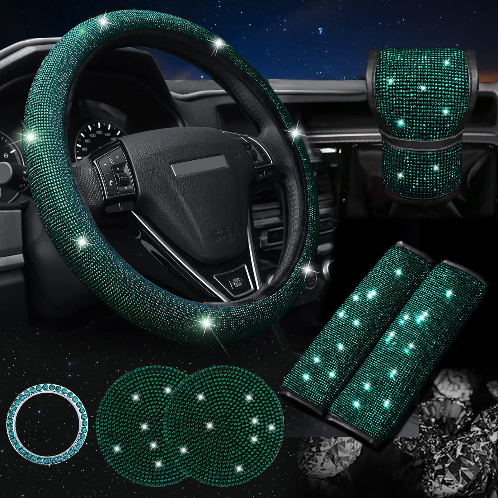 Cachpib 7-teiliges glitzerndes Autozubehör-Set für Damen, glitzerndes Lenkradbezug für Damen, niedliches Auto-Zubehör-Set mit Sicherheitsgurtabdeckungen, Schalenpolster, Startknopf-Ringe, grün von Cachpib