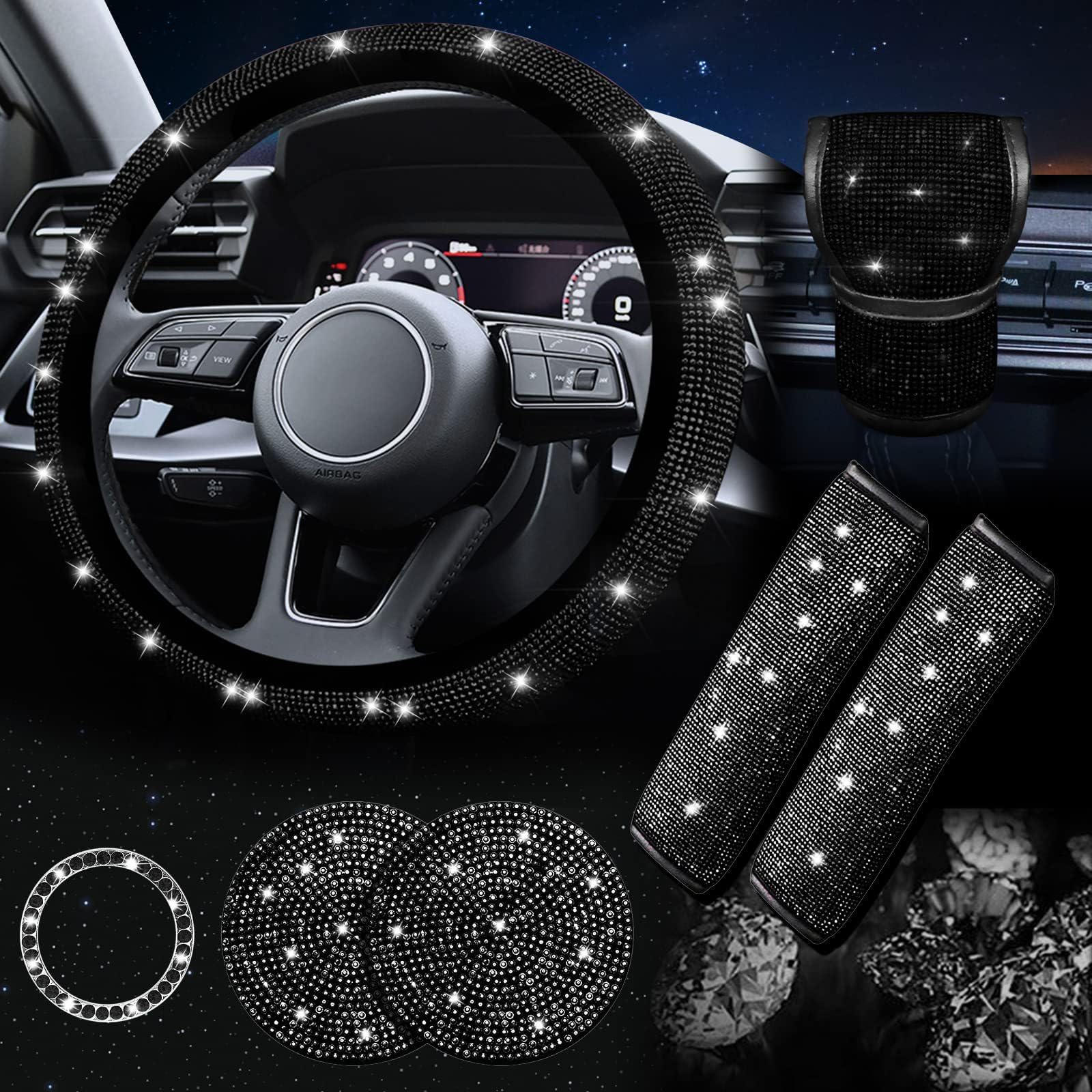 Cachpib 7-teiliges glitzerndes Autozubehör-Set für Damen, glitzerndes Lenkradbezug für Damen, niedliches Auto-Zubehör-Set mit Sicherheitsgurtabdeckungen, Schalenpolster, Startknopf-Ringe, schwarz von Cachpib