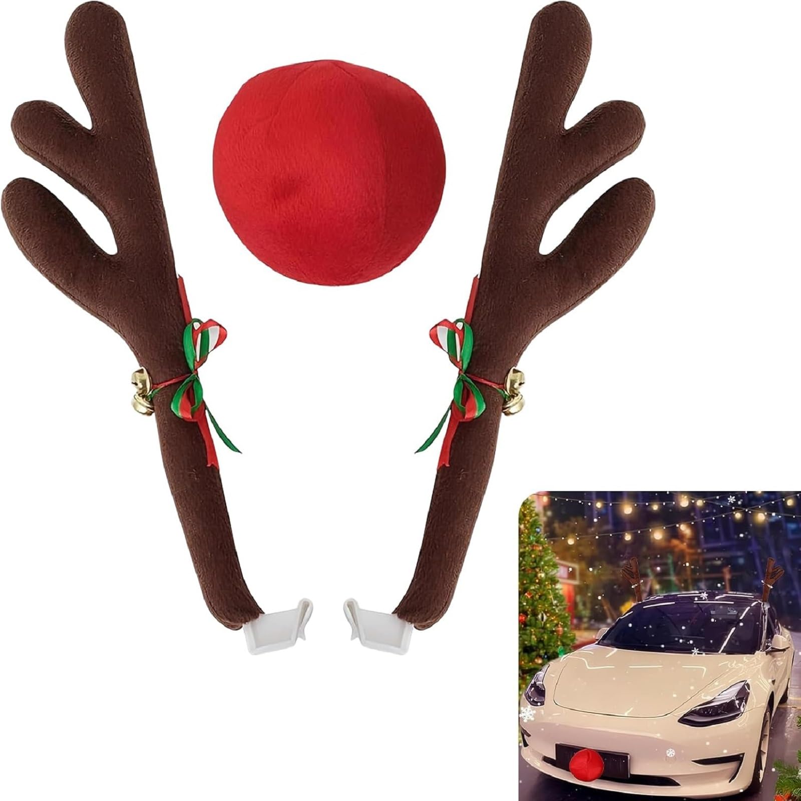 CaiTang Auto Weihnachten Rentier, Weihnachtendeko Geweih Auto, Weihnachtsdeko Auto Plüsch Rudolph, Rentier Kostüm Auto Deko mit Roter Nase, Geeignet für die Dekoration Von Autos, Lkws und Lieferwagen von CaiTang