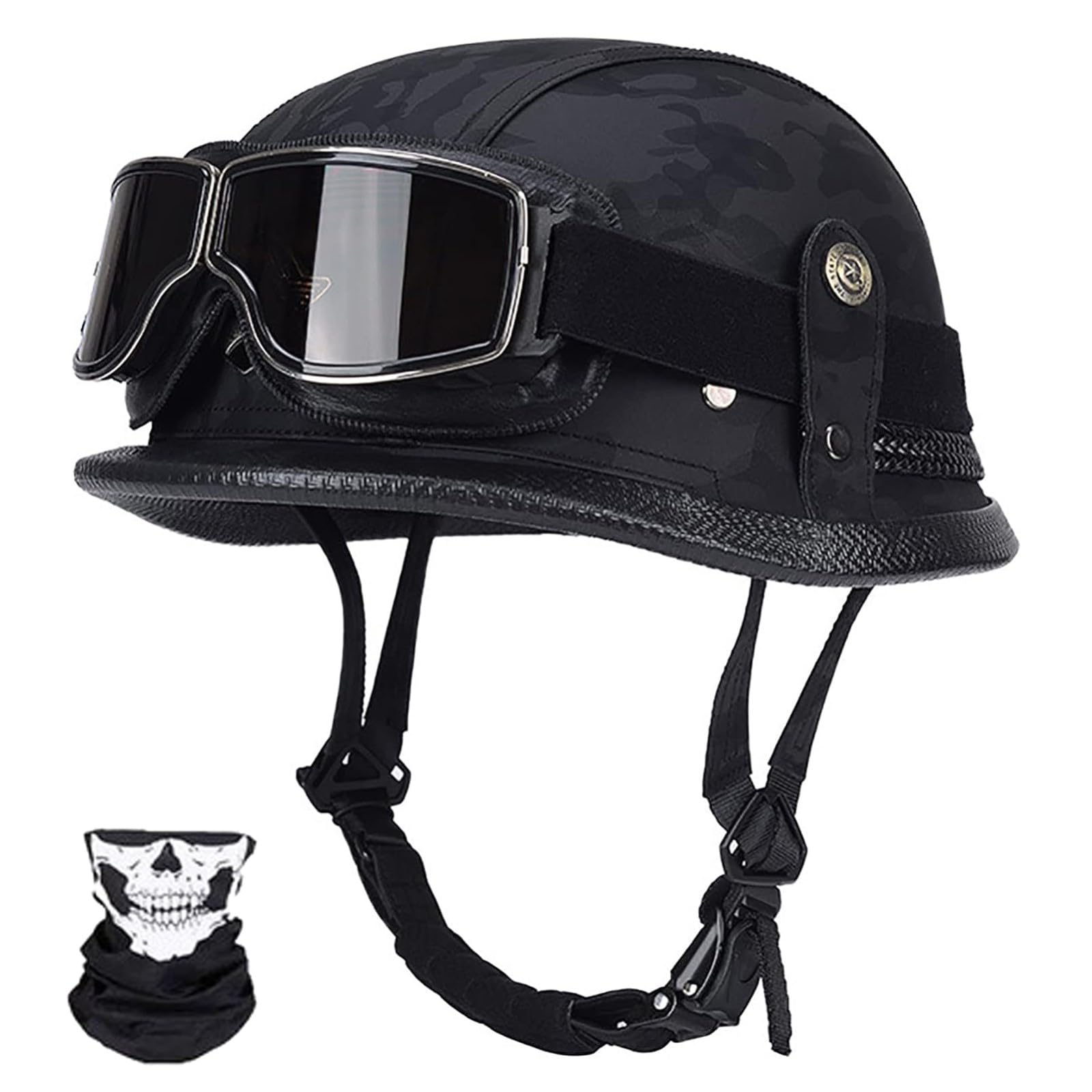 Motorradhelm Lederhelm Mit Schutzbrille Vintage Deutscher Motorrad-Halbhelm DOT/ECE-Geprüfter Open-Face-Helm Jethelm Rollerhelm Für Männer Frauen B,L/57-58CM von Caimcie