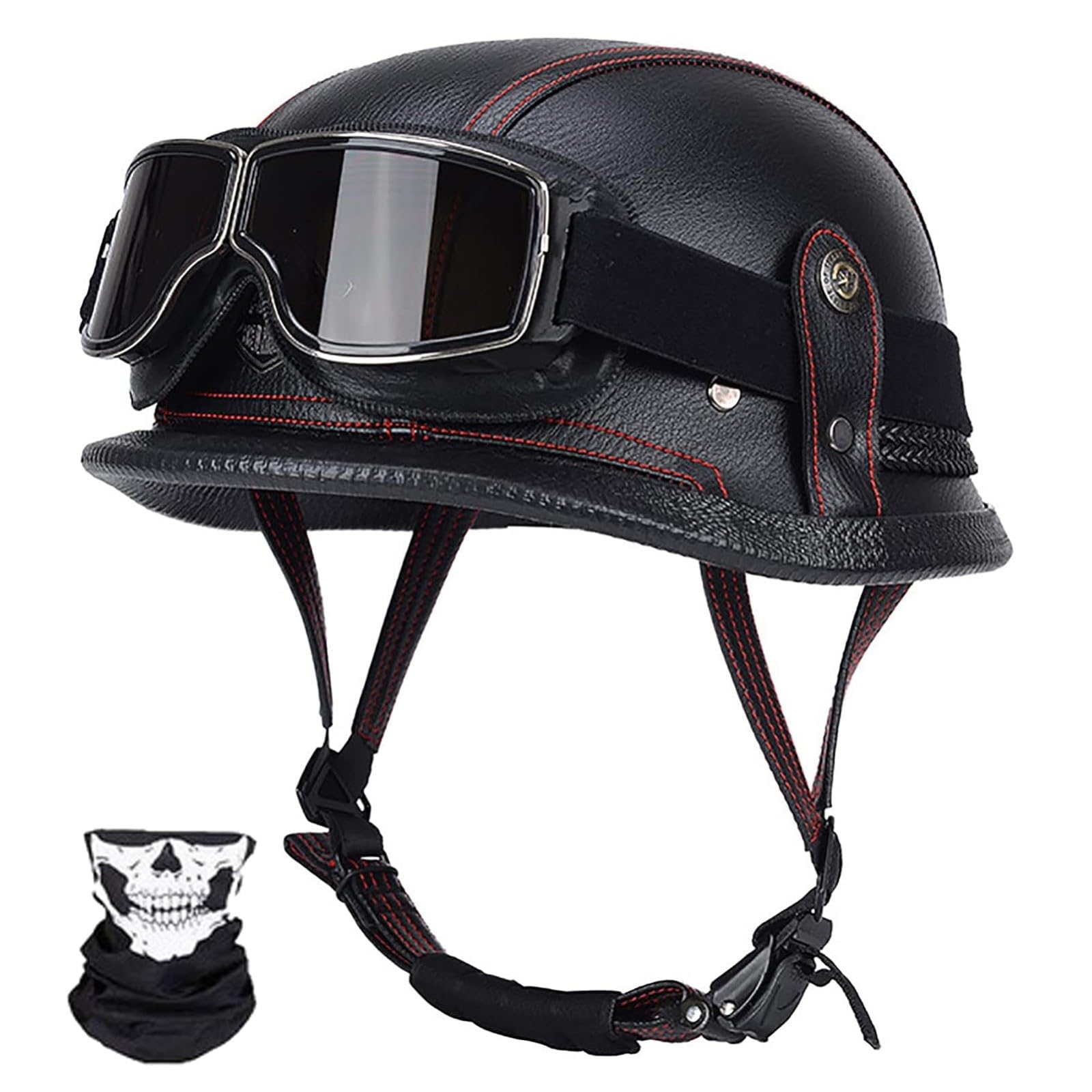 Motorradhelm Lederhelm Mit Schutzbrille Vintage Deutscher Motorrad-Halbhelm DOT/ECE-Geprüfter Open-Face-Helm Jethelm Rollerhelm Für Männer Frauen C,L/57-58CM von Caimcie