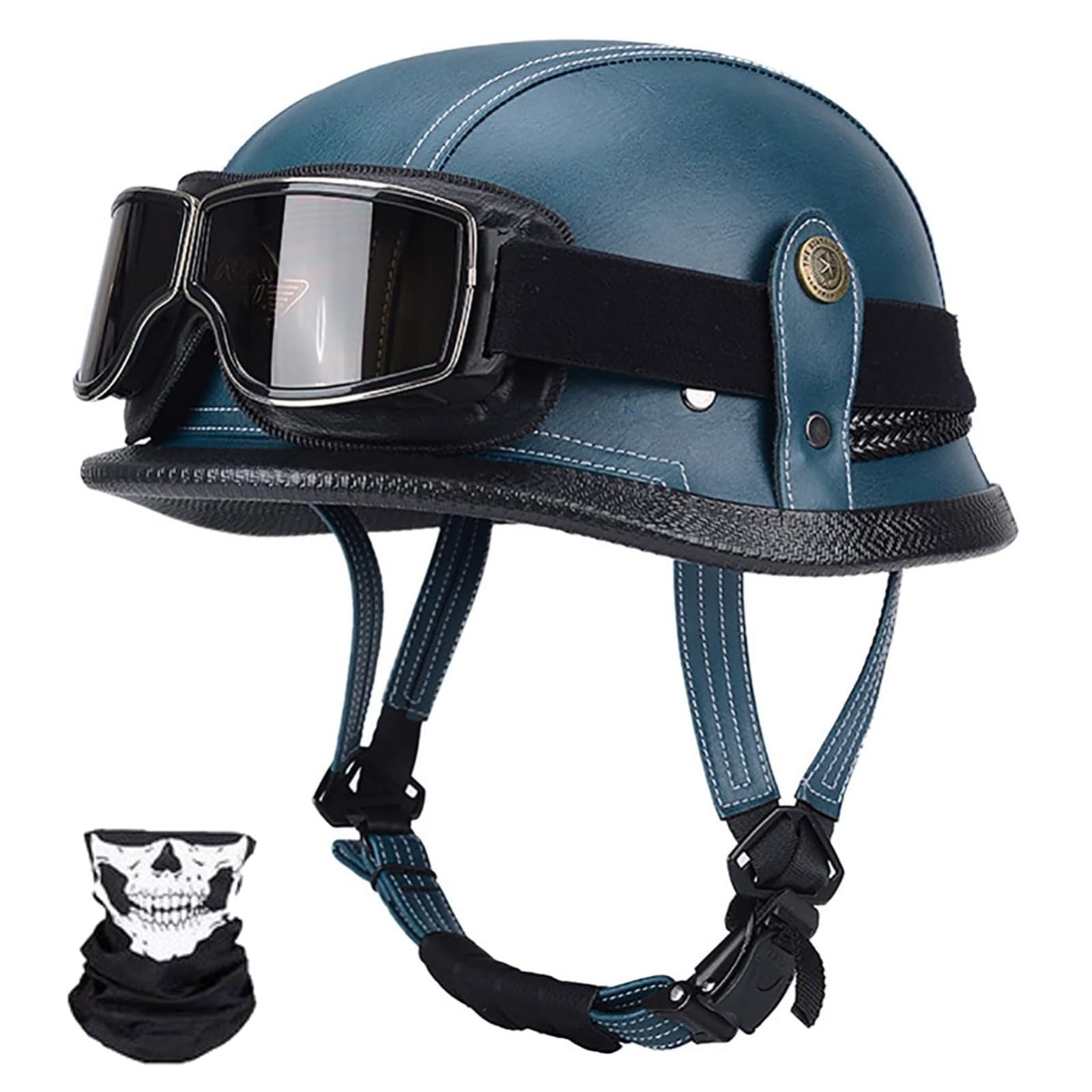 Motorradhelm Lederhelm Mit Schutzbrille Vintage Deutscher Motorrad-Halbhelm DOT/ECE-Geprüfter Open-Face-Helm Jethelm Rollerhelm Für Männer Frauen D,L/57-58CM von Caimcie