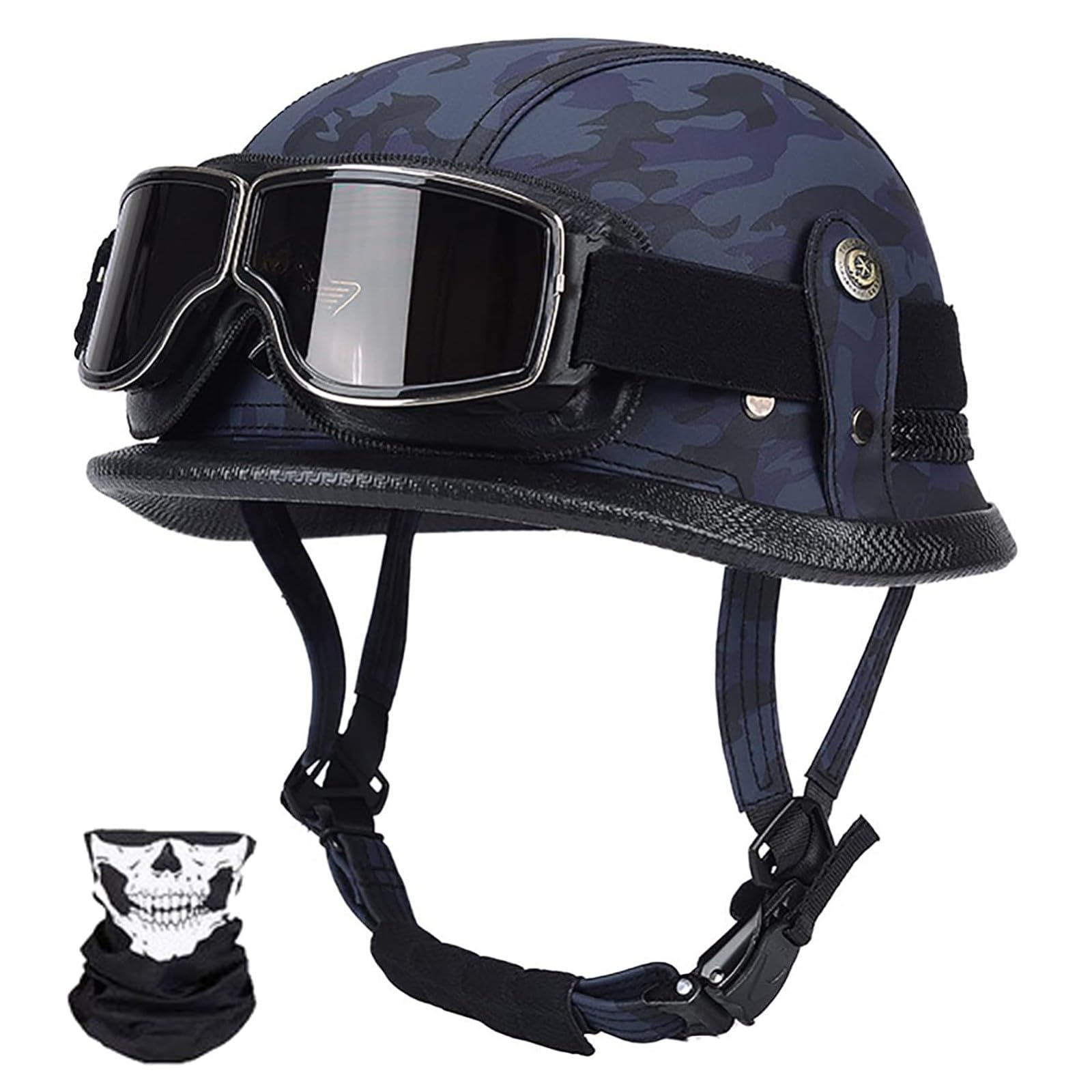 Motorradhelm Lederhelm Mit Schutzbrille Vintage Deutscher Motorrad-Halbhelm DOT/ECE-Geprüfter Open-Face-Helm Jethelm Rollerhelm Für Männer Frauen E,L/57-58CM von Caimcie