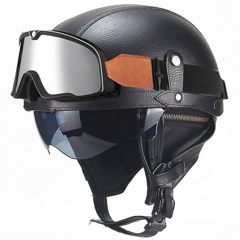 Motorradhelme Retro-Halbhelm Jethelm Leder Motorrad-Halbhelm DOT/ECE-Zertifiziert Cruiser Chopper Scooter Jet-Halbhelm Für Männer Und Frauen B,S/54-55CM von Caimcie