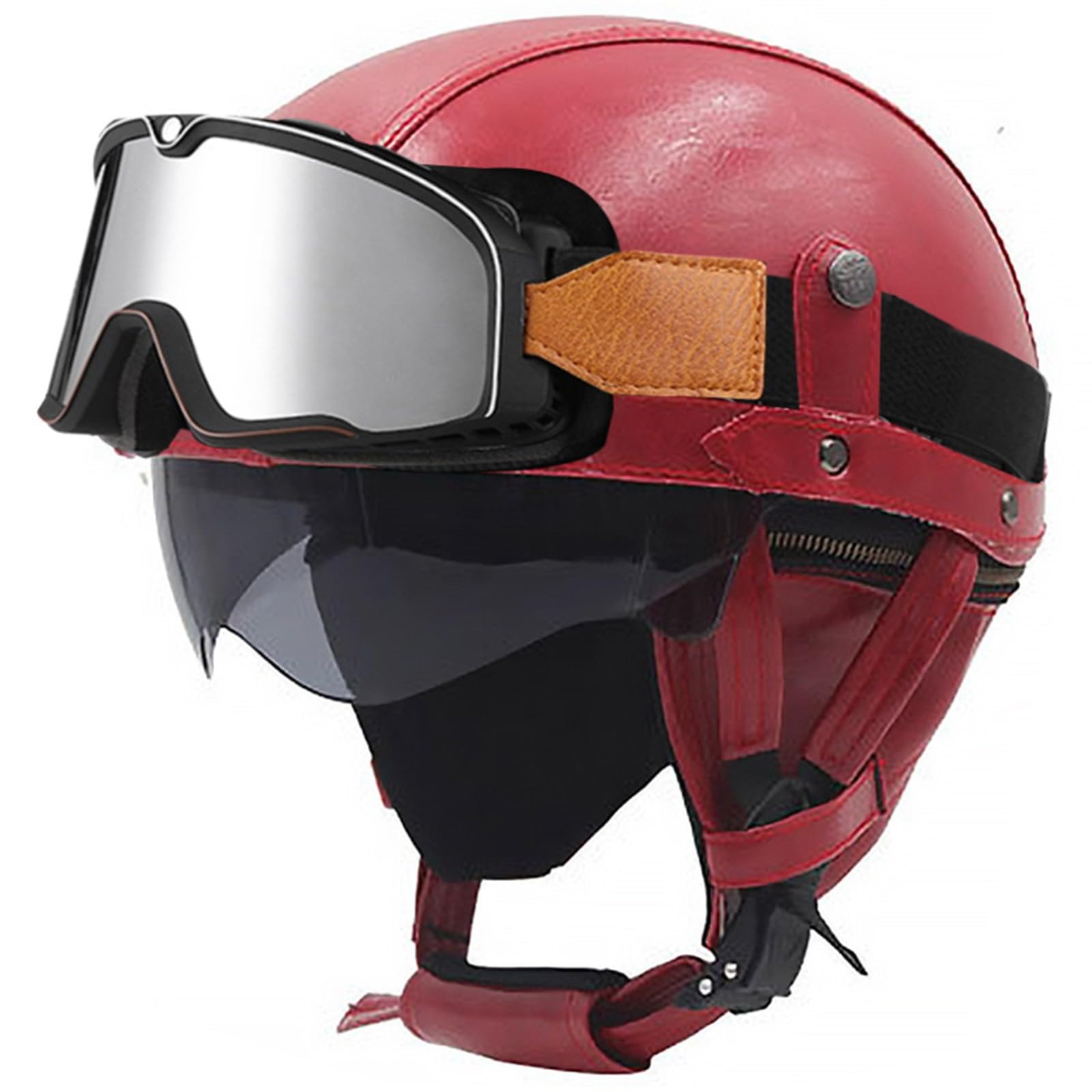 Motorradhelme Retro-Halbhelm Jethelm Leder Motorrad-Halbhelm DOT/ECE-Zertifiziert Cruiser Chopper Scooter Jet-Halbhelm Für Männer Und Frauen F,L/58-59CM von Caimcie