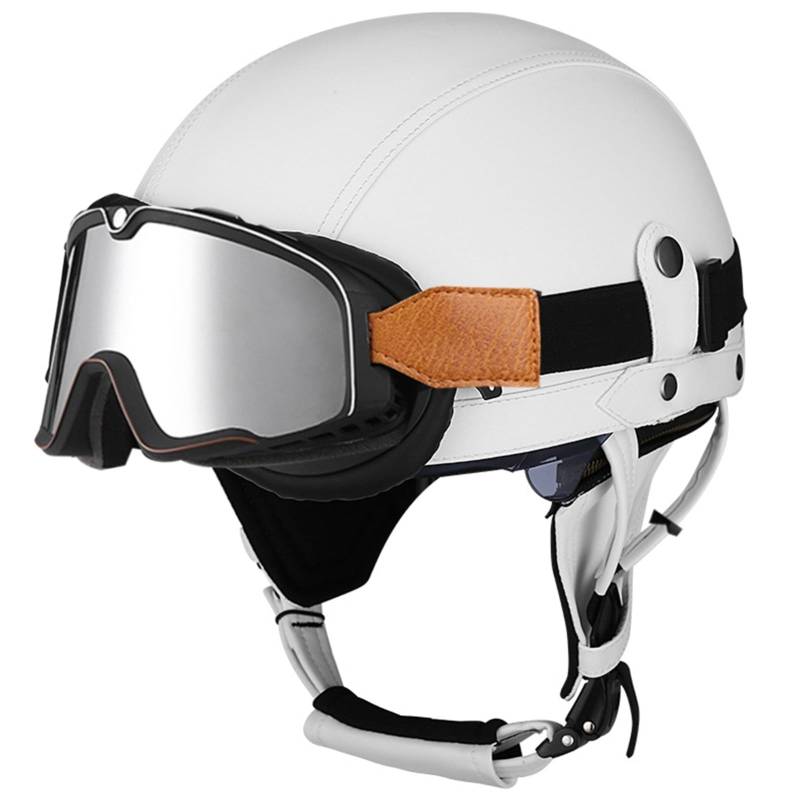 Motorradhelme Retro-Halbhelm Jethelm Leder Motorrad-Halbhelm DOT/ECE-Zertifiziert Cruiser Chopper Scooter Jet-Halbhelm Für Männer Und Frauen H,L/58-59CM von Caimcie