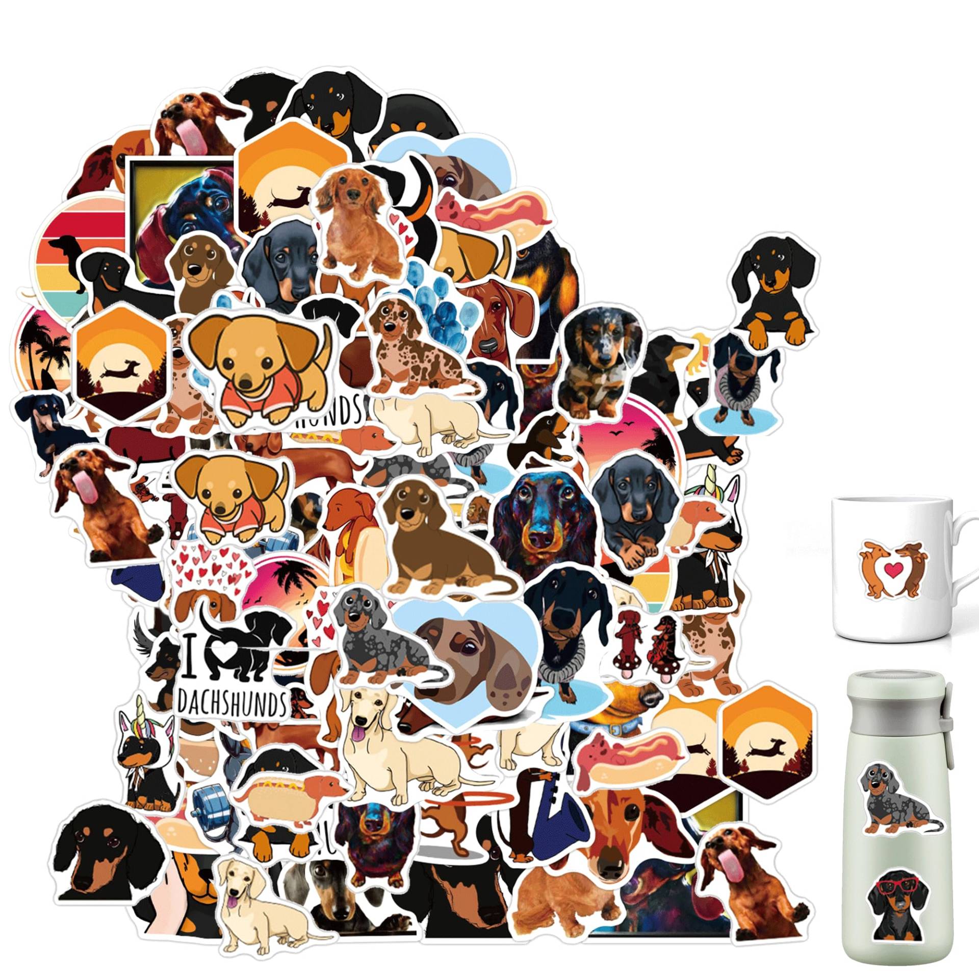 100 PCS Dackel Aufkleber Dachshund Sticker Set Dackel Geschenke Niedlich Deko für Kinder Teens Erwachsene Jungen Dachshund Stickers Wasserdichte Vinyl Aufkleber für Scrapbook Skateboard Auto Gepäck von Caldamn