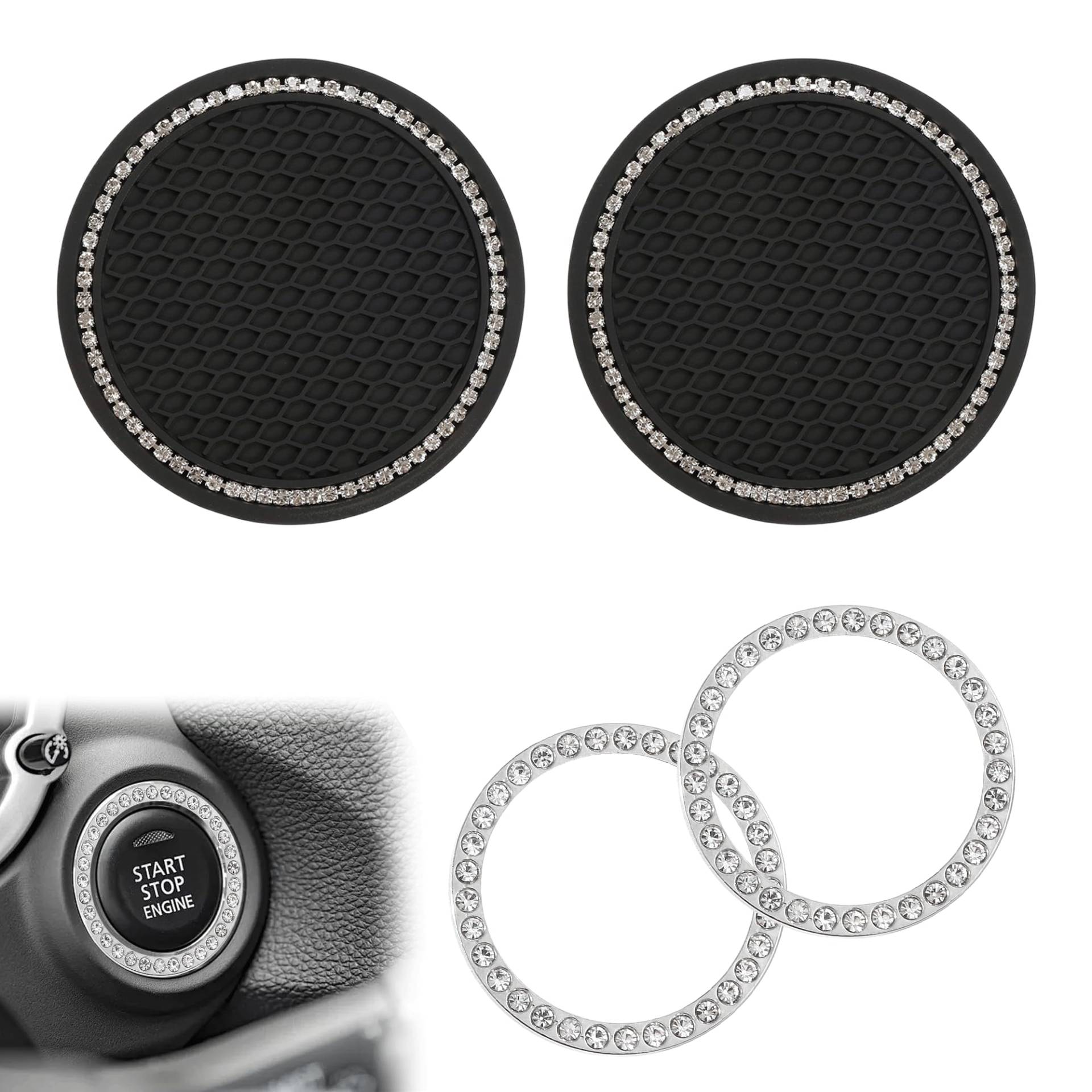 2 PCS Auto Getränkehalter Untersetzer (Schwarz) und 2 PCS Startknopf Zündring Kristall Strass Anti-Rutsch Auto Untersetzer Universal Auto Zubehör Innenraum Auto Deko für Kaffeebecher Autozubehör von Caldamn