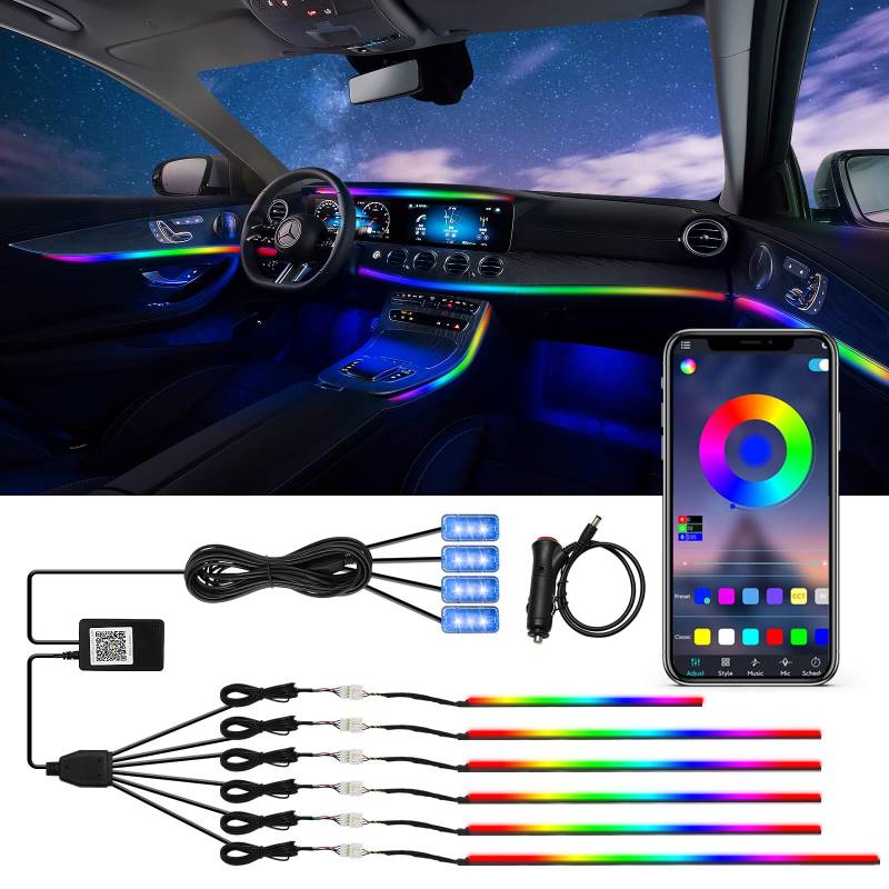 Callsky Auto Innenbeleuchtung LED Atmosphäre Licht, Auto LED Innenraumbeleuchtung Streifen RGB Fußraum Beleuchtung Ambientebeleuchtung Auto Innenraum Strip Atmosphäre Licht mit, Musik-Modus（10 in 1） von Callsky