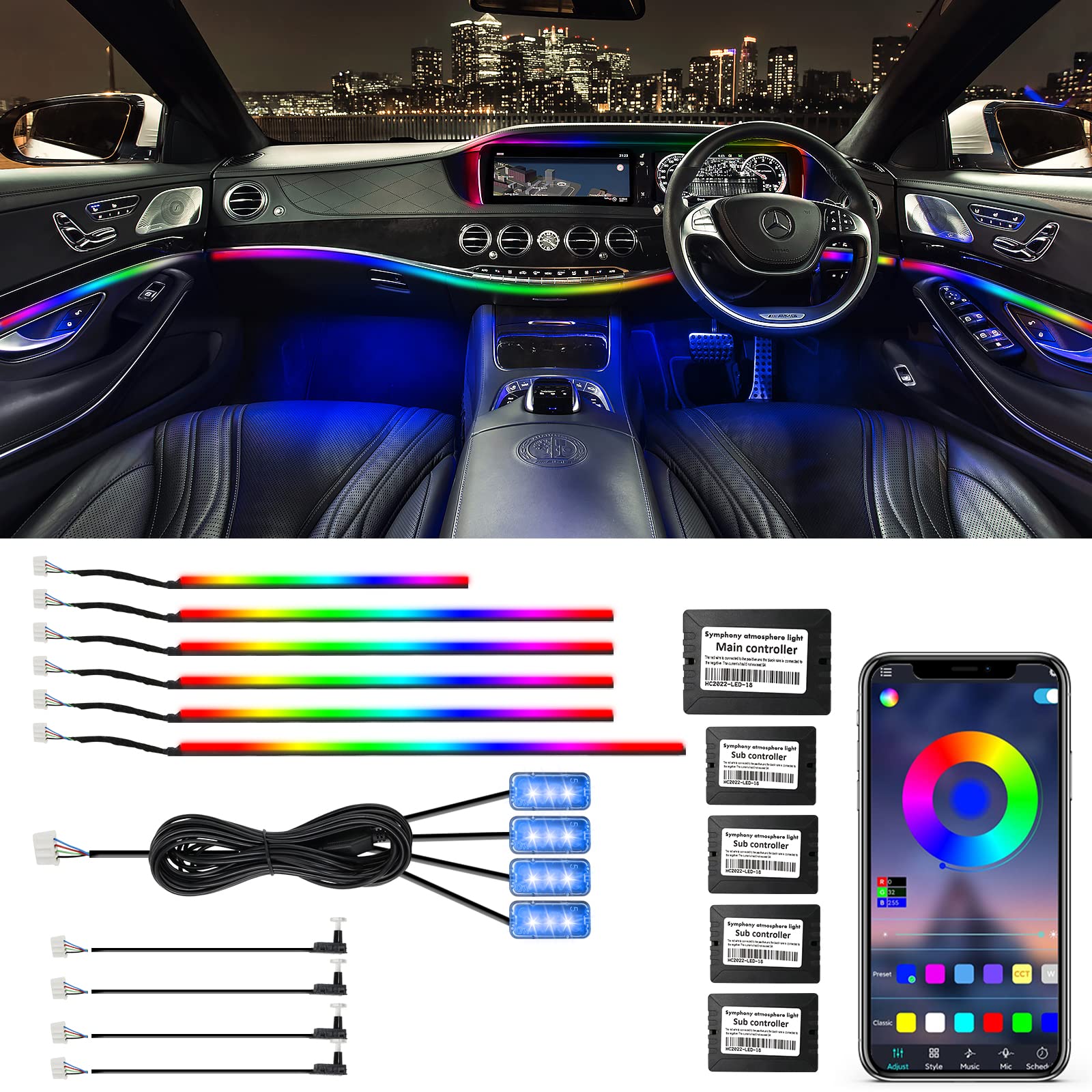 Callsky Auto Innenbeleuchtung LED Atmosphäre Licht, Auto LED Innenraumbeleuchtung Streifen RGB Fußraum Beleuchtung Ambientebeleuchtung Auto Innenraum Strip Atmosphäre Licht mit, Musik-Modus（14 in 1） von Callsky