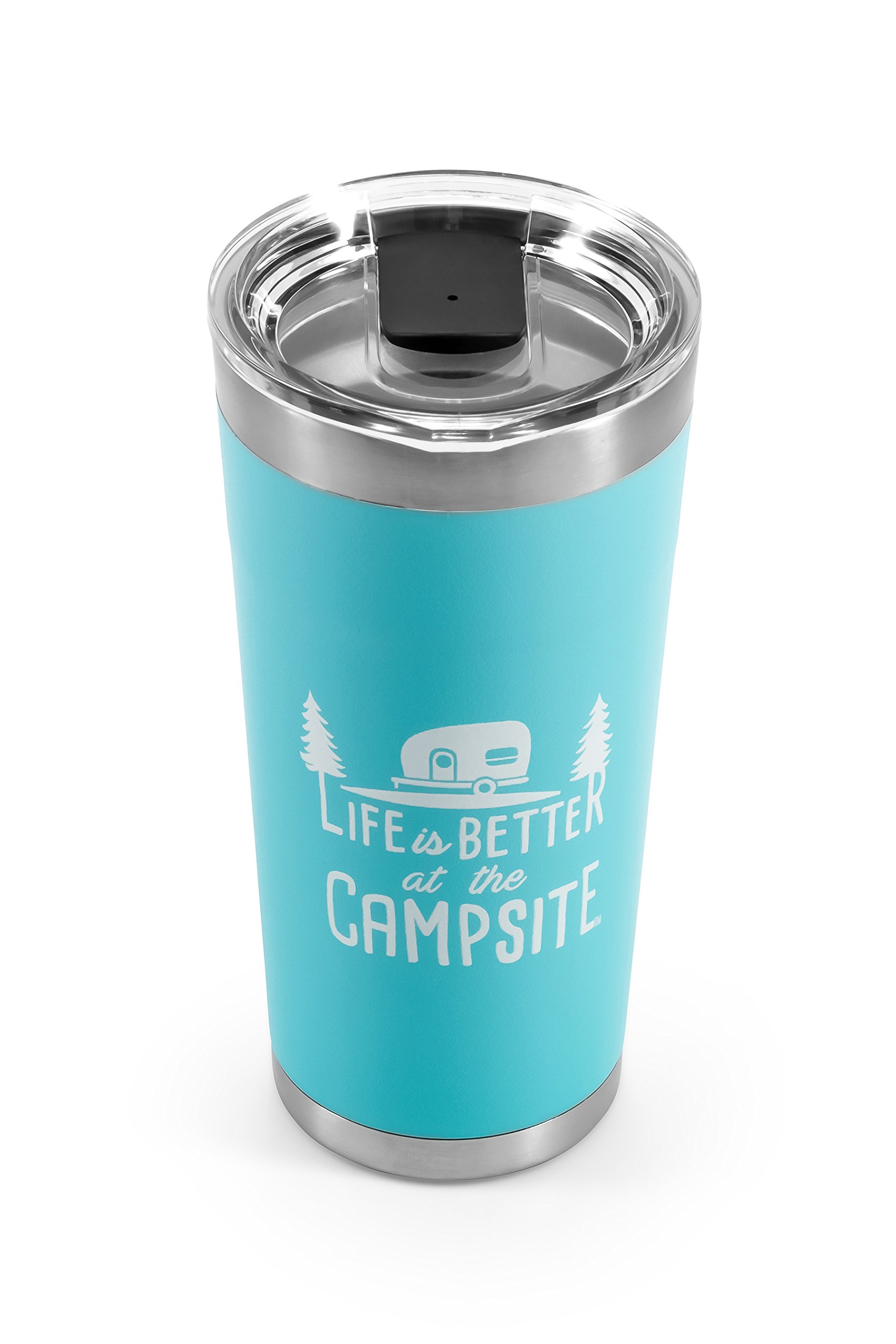 Camco Life is Better at The Campsite Trinkbecher, robuste doppelwandige Vakuumisolierung, hergestellt aus 18/8 Edelstahl, einzigartiges Life is Better at The Campsite-Design auf coolem Blau, 53057 von Camco