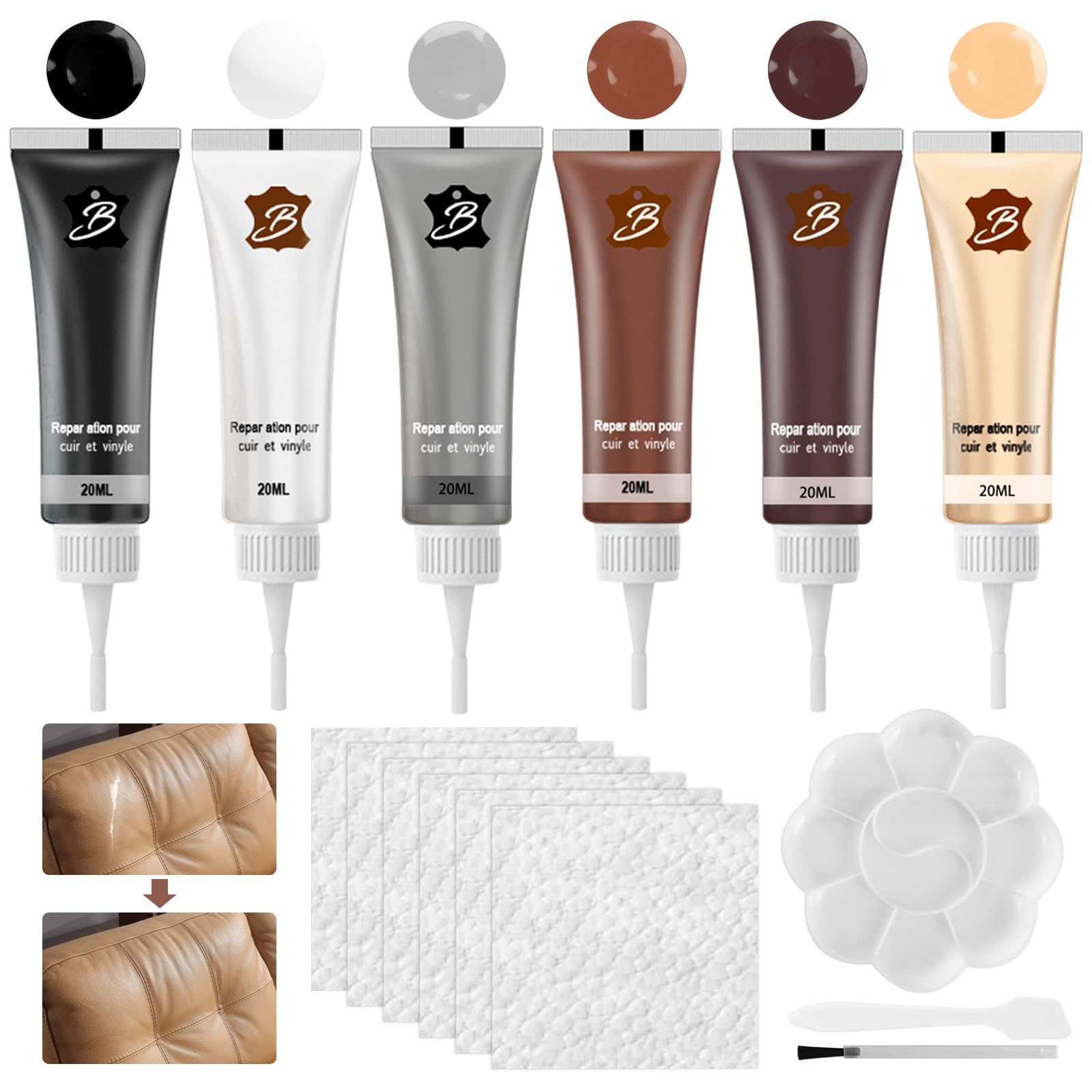 Lederreparatur Creme, 6 Farben Leder Restaurator, Leder Reparatur Set, Kunstleder Reparaturset, Vinyl und Leder Kunstleder Reparatur Set, Flüssigleder Lederfarbe Creme für Sofa, Lederjacke, Autositz von Capgoost