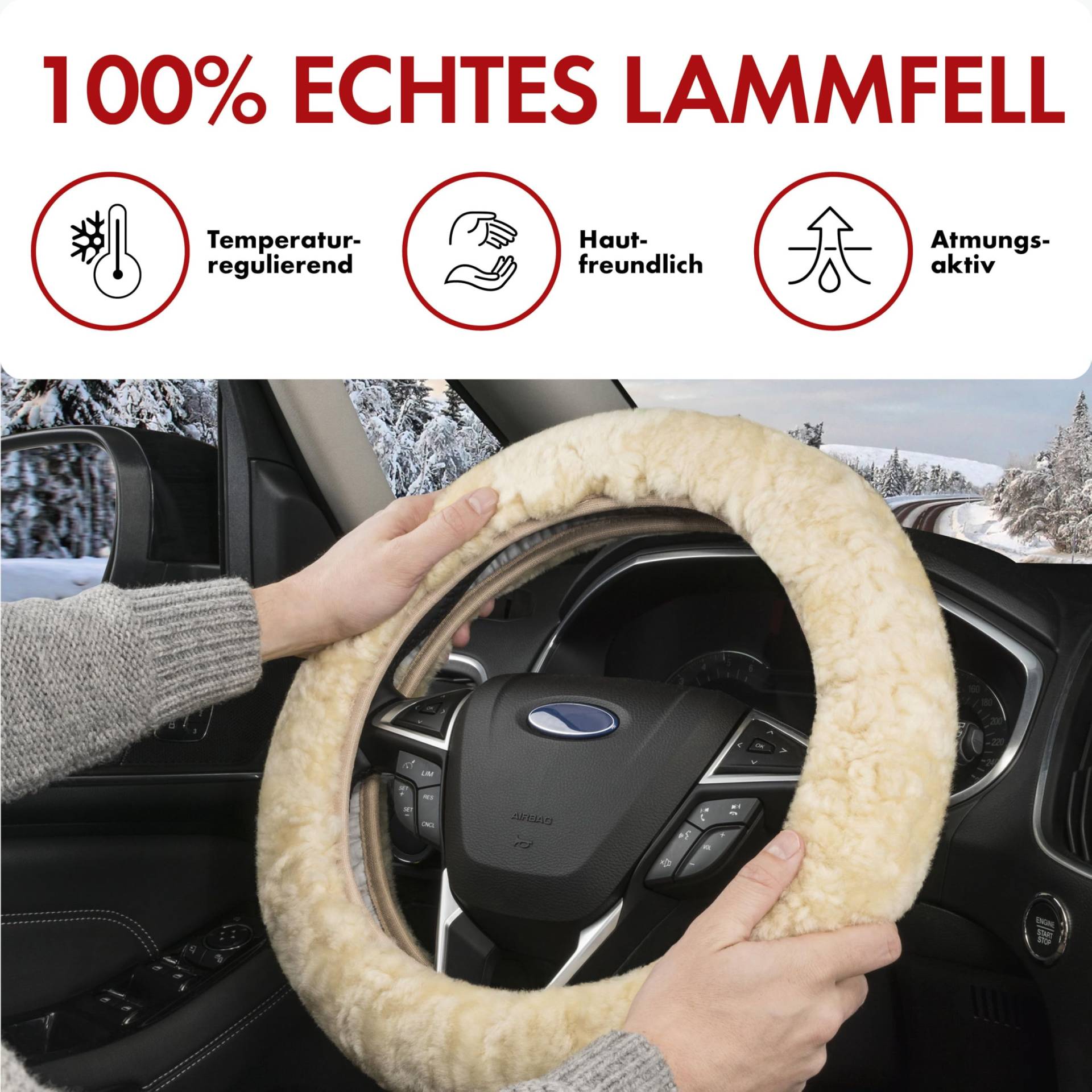 Walser Lammfell Lenkradbezug Auto, 100% Lammfell Lenkradschutz Auto, Auto Lenkradbezug, Lenkradbezug Fell, Lenkrad Bezug, Auto Winter Zubehoer, Lenkradbezug Winter, Lenkrad Wärmer beige 19543 von Walser