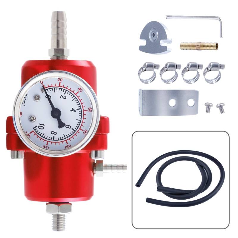 CarBole Auto Kraftstoffdruckreglerl einstellbar, 1-140PSI einstellbar Benzindruckregler Aluminiumlegierung mit Manometer Schlauch von CarBole