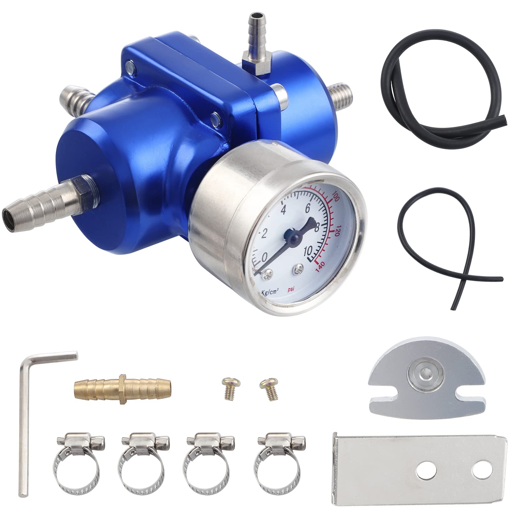 CarBole Universeller einstellbarer Benzindruckregler 1-140PSI Einstellbarer Kraftstoffdruckregler mit Manometer und Schlauch, Warmlaufregler aus Alulegierung, Blau von CarBole