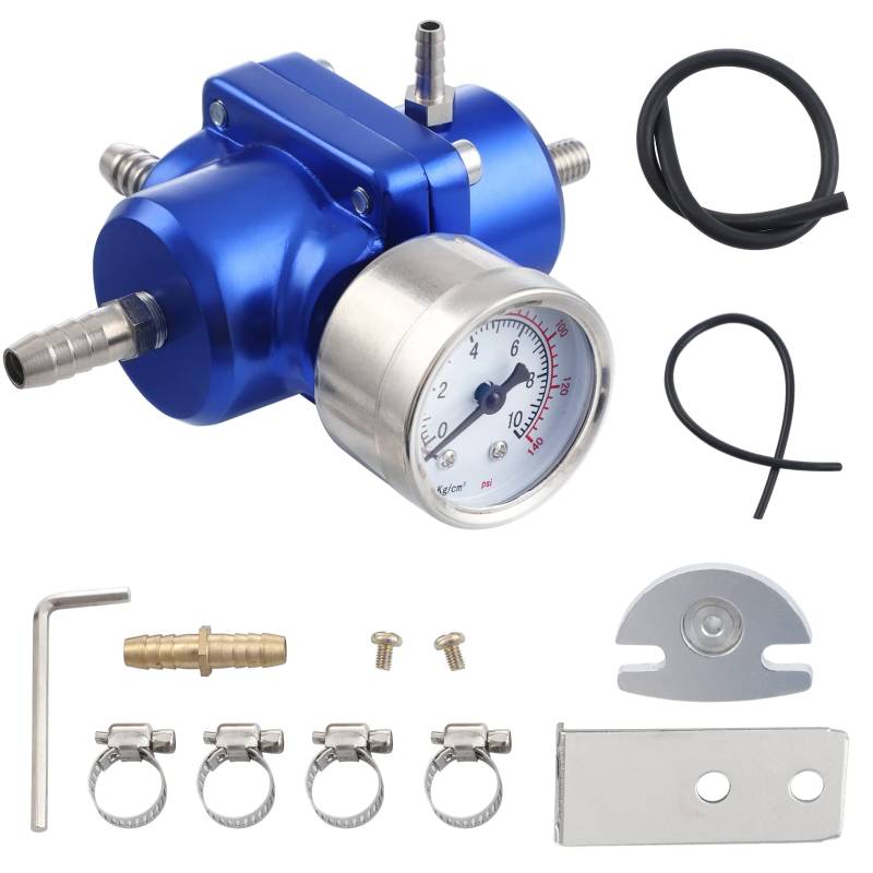 CarBole Universeller Einstellbarer Benzindruckregler 1-140PSI Einstellbarer Kraftstoffdruckregler mit Manometer und Schlauch, Warmlaufregler aus Alulegierung, Blau von CarBole