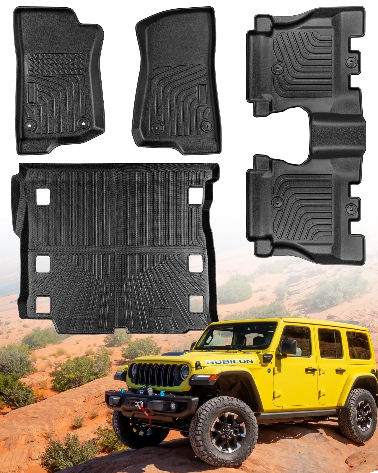 CarQiWireless Fußmatten und Kofferraumwanne für Jeep Wrangler JL Unlimited 4-Türer (nicht für JK und 4XE), Allwetter-TPE-Matten für die 1., 2. Reihe und Kofferraummatten für Jeep Wrangler JL Zubehör von CarQiWireless