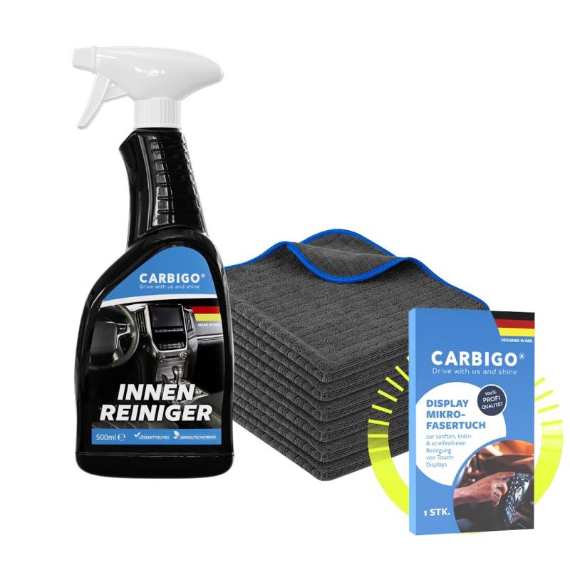 Carbigo® Premium Innenraum Bundle – 6X 380 GSM weiche Mikrofasertücher, 1x pH-neutraler Innenraumspray (500ml) & 2X Display Tuch – Tiefenreinigung für Polster, Leder, Kunststoff – Made in Germany von Carbigo