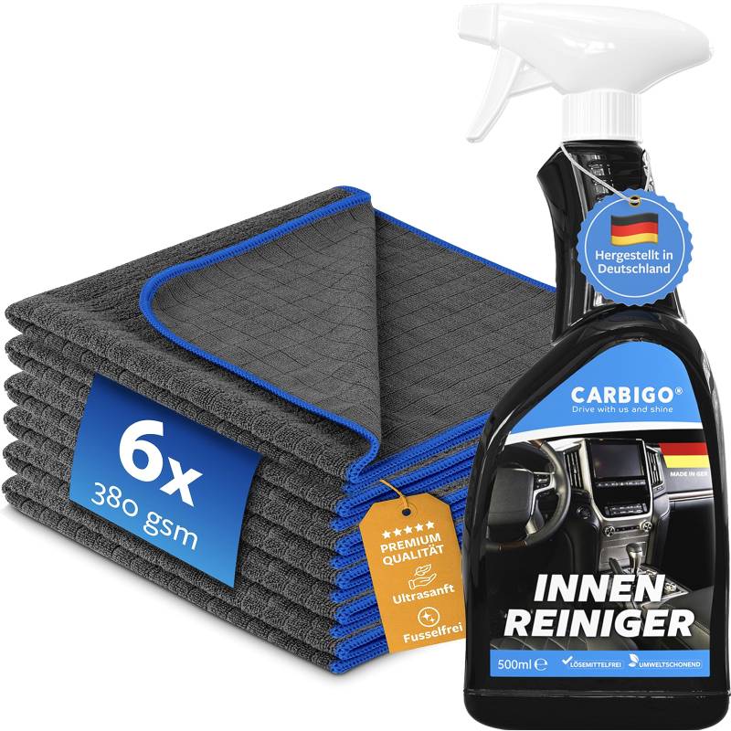 Carbigo® Premium Innenraum Bundle – 6X 380 GSM weiche Mikrofasertücher, 1x pH-neutraler Innenraumspray (500ml) – Tiefenreinigung für Polster, Leder, Kunststoff – Made in Germany von Carbigo