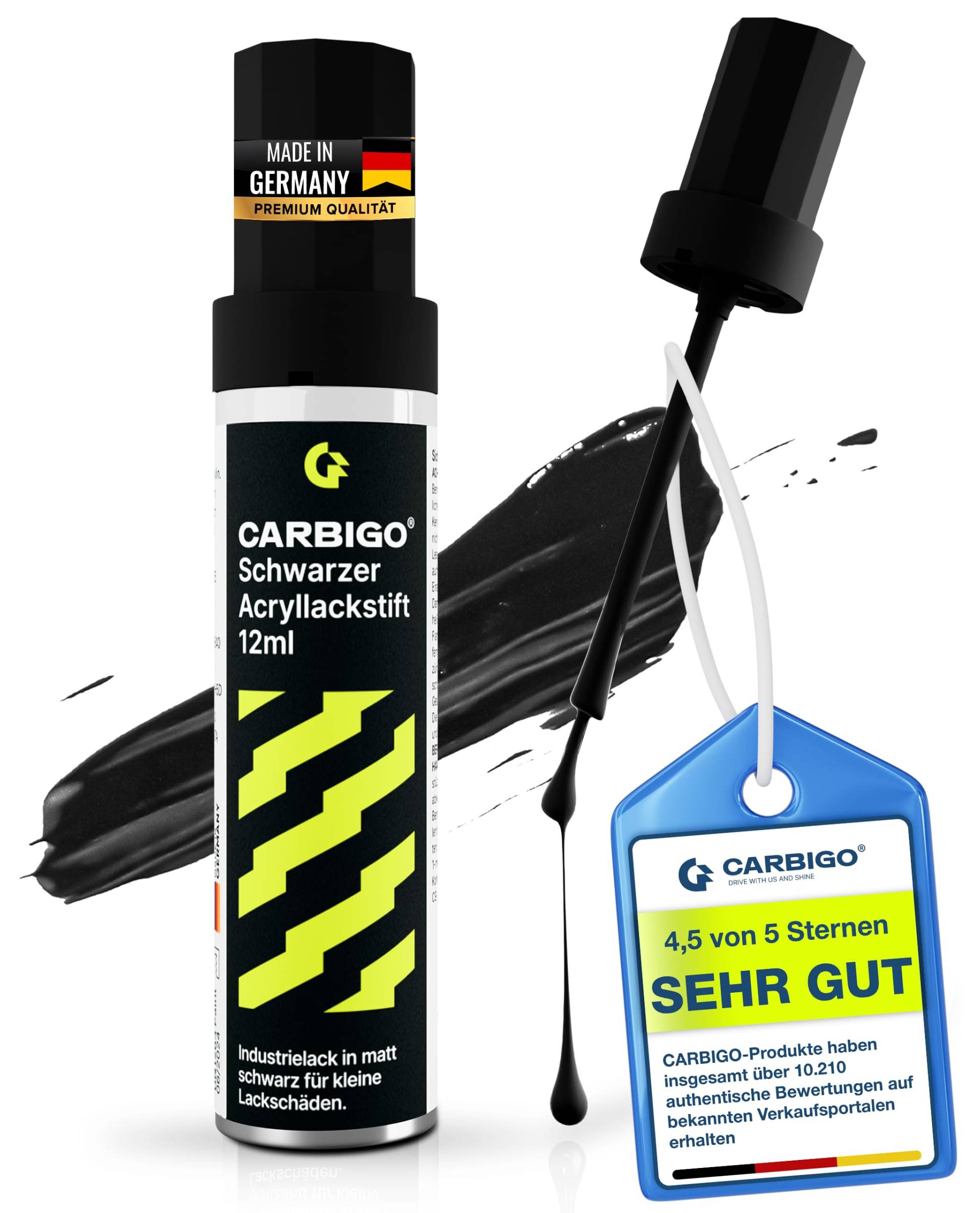 Carbigo® Premium Lackstift Schwarz Matt [12ml] - Made in Germany - Auto Lackstift Schwarz gegen Kratzer und Steinschläge - Lackstift Auto Starke Deckkraft Dickflüssig (Schwarz matt RAL 9005) von Carbigo