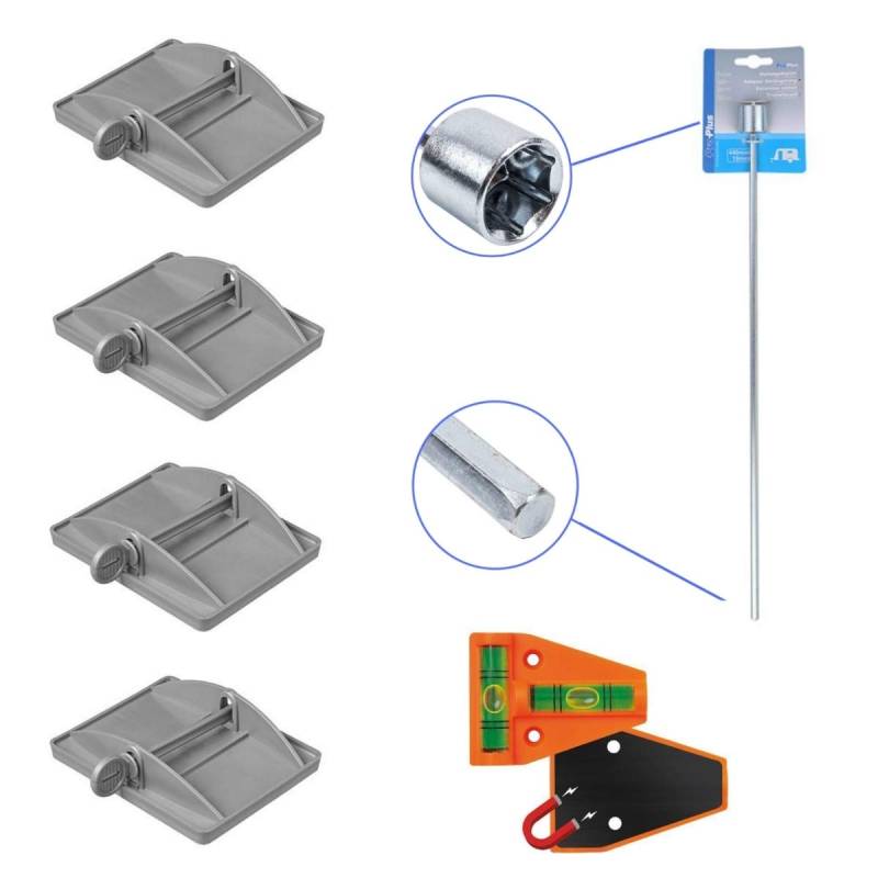 4 x Stützplatten für Wohnwagenstützen + Wasserwaage + passender 19mmVerlängerung von Cardepot24