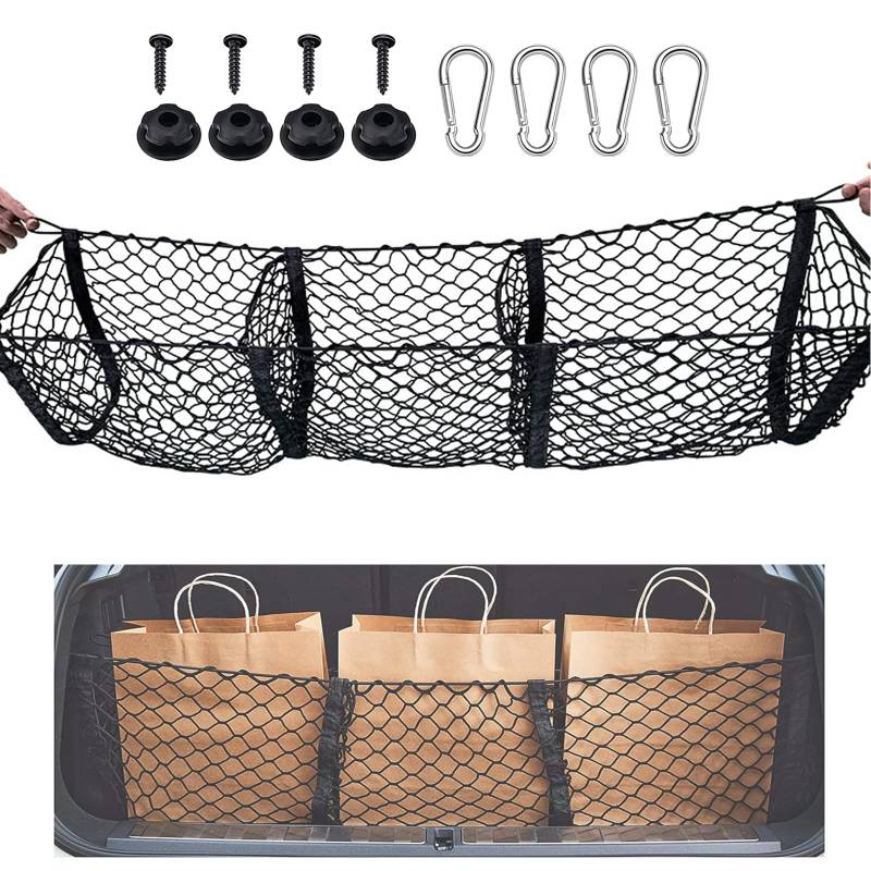 Gepäcknetz mit 3 Taschen, Kofferraum, Bett-Aufbewahrung, Auto-Einkaufstasche mit 4 Metallhaken, flexibles Nylon-Cargonetz für LKW, Wohnmobile, Kofferraumraum, Auto, Van, SUV, 89 x 30 cm von Carkio