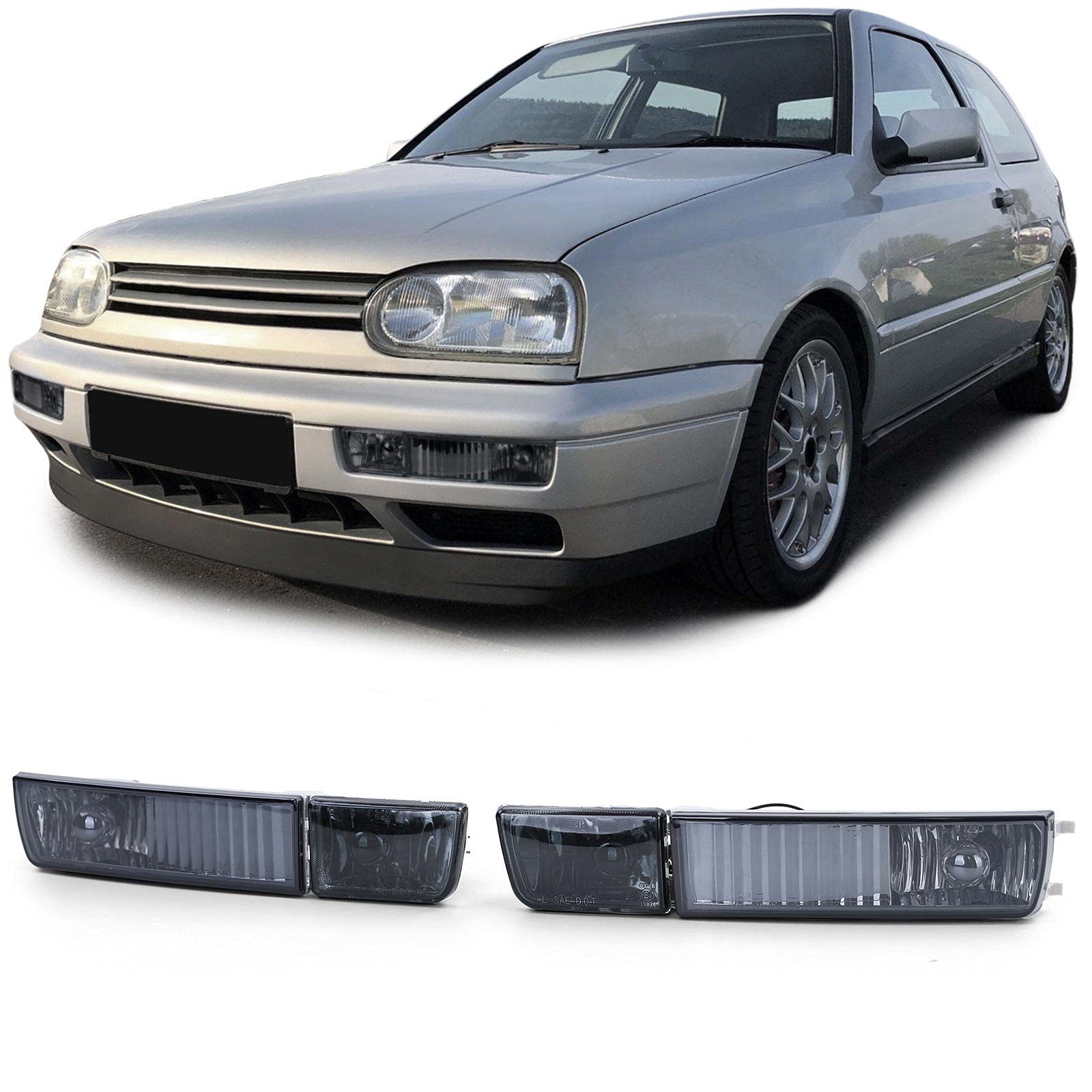 Carparts-Online Klarglas Nebelscheinwerfer mit Blinker Schwarz Smoke für VW Golf 3 Vento 91-97 von Carparts-Online