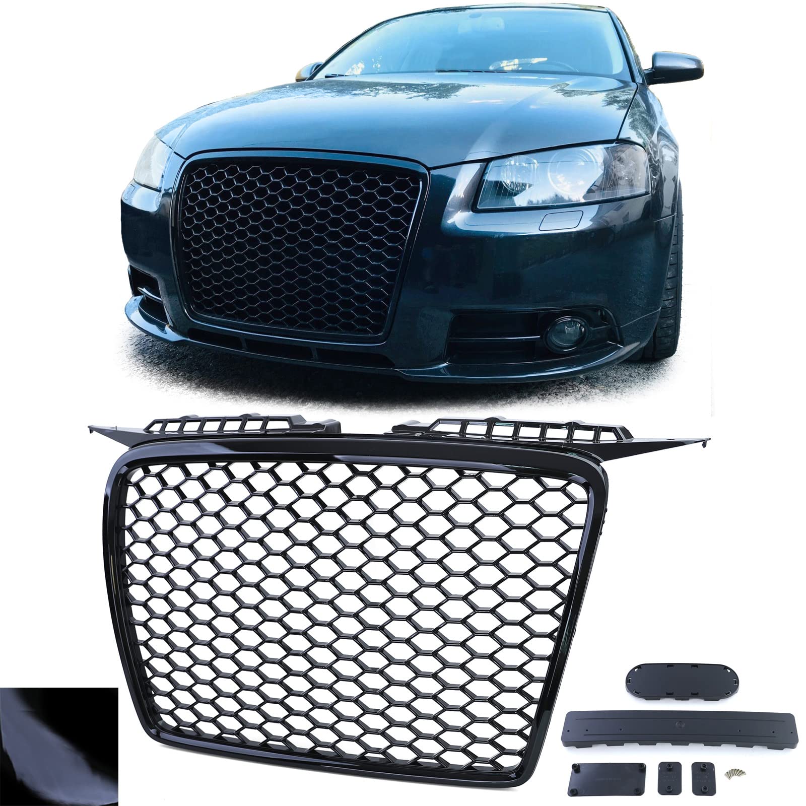 Waben Kühlergrill ohne Emblem Schwarz Glanz passend für Audi A3 8P 05-08 von Carparts-Online