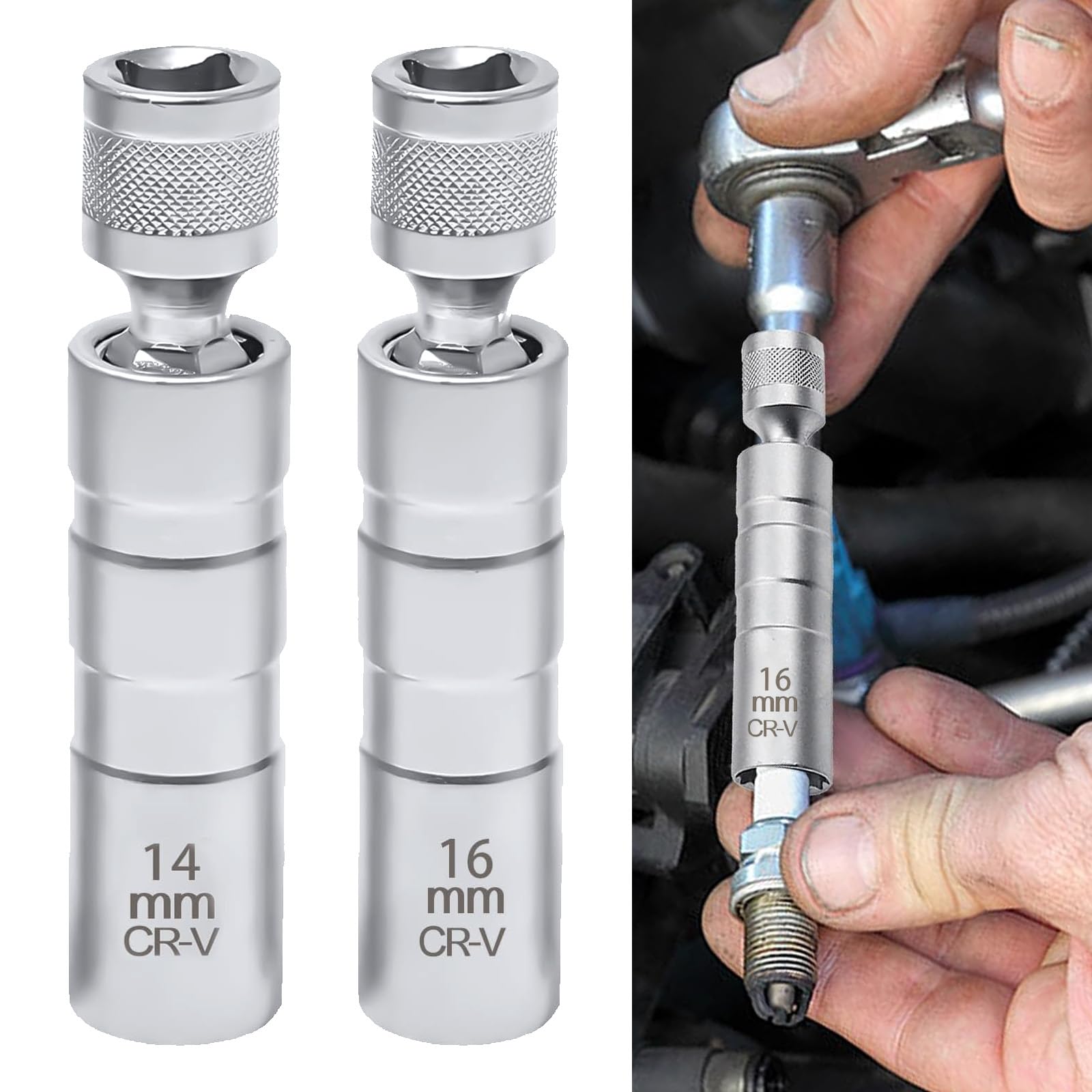 Carreuty 2 Stück Zündkerzenschlüssel 14mm 16mm, Universal Magnet Drehbarer Zündkerzenschlüssel 3/8 Zoll Flexibel Steckdose Demontagewerkzeug mit Haltefeder für Autoreparatur von Carreuty