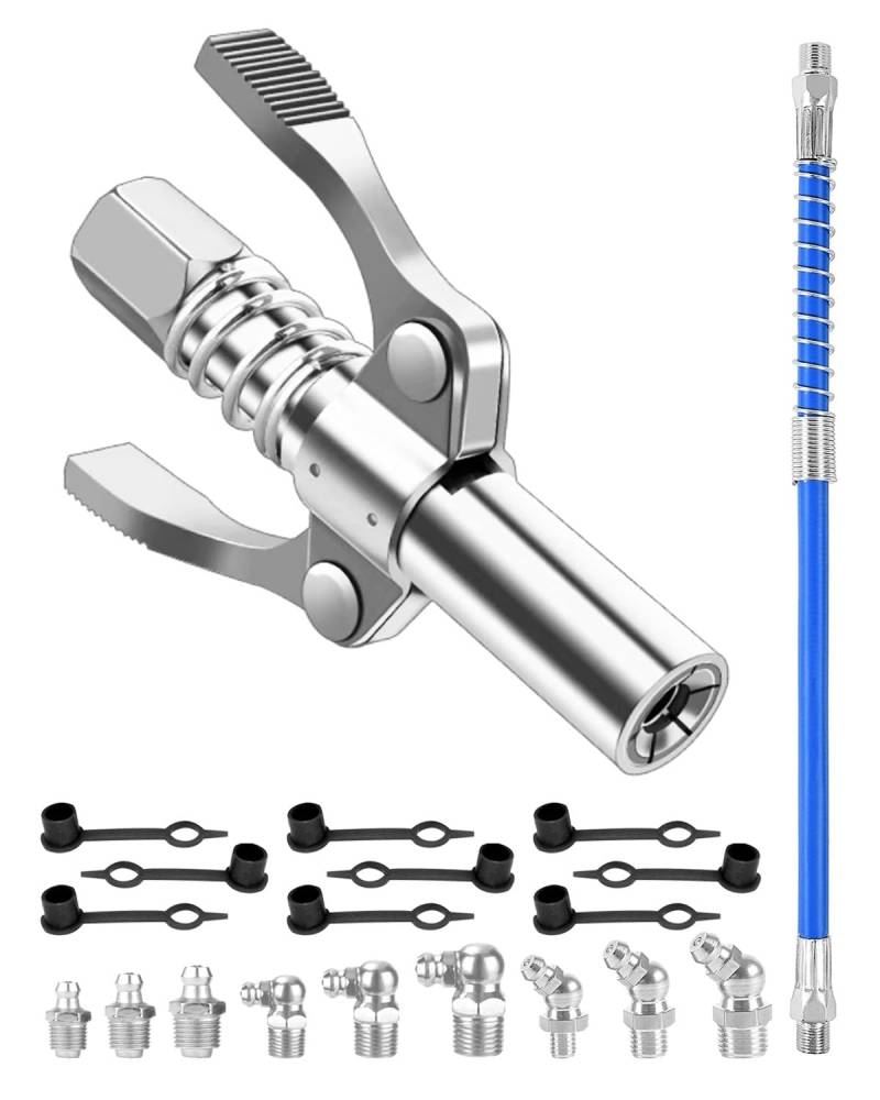 Fettpresse Mundstück, Doppelgriff G Coupler Schnellverriegelung Lösen Fettpresse Kupplung mit 30cm Schlauch + 9PCS M6 M8 M9 M10 Schmiernippel, Schmierfett Coupler für Fettpressen alle Autos,12000PSI von Carreuty