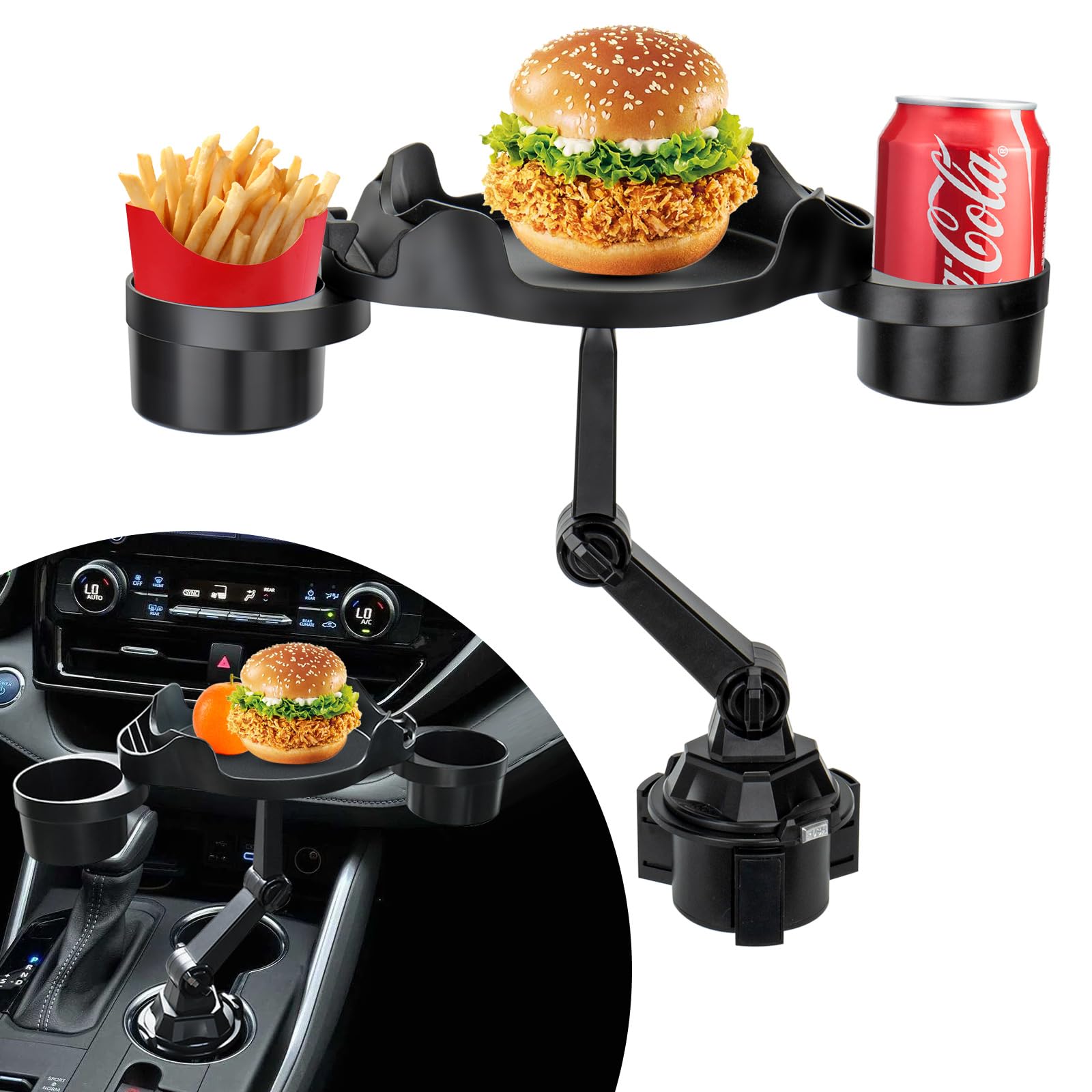 Getränkehalter Auto, Becherhalter Auto mit Tisch Tablett, 3 in 1 Cup Holder Car 360° Drehung Erweiterbar Basis Dual Cup Holder Tray Tisch mit Telefon Slot für Wasserflaschen Getränk Snack von Carseatty