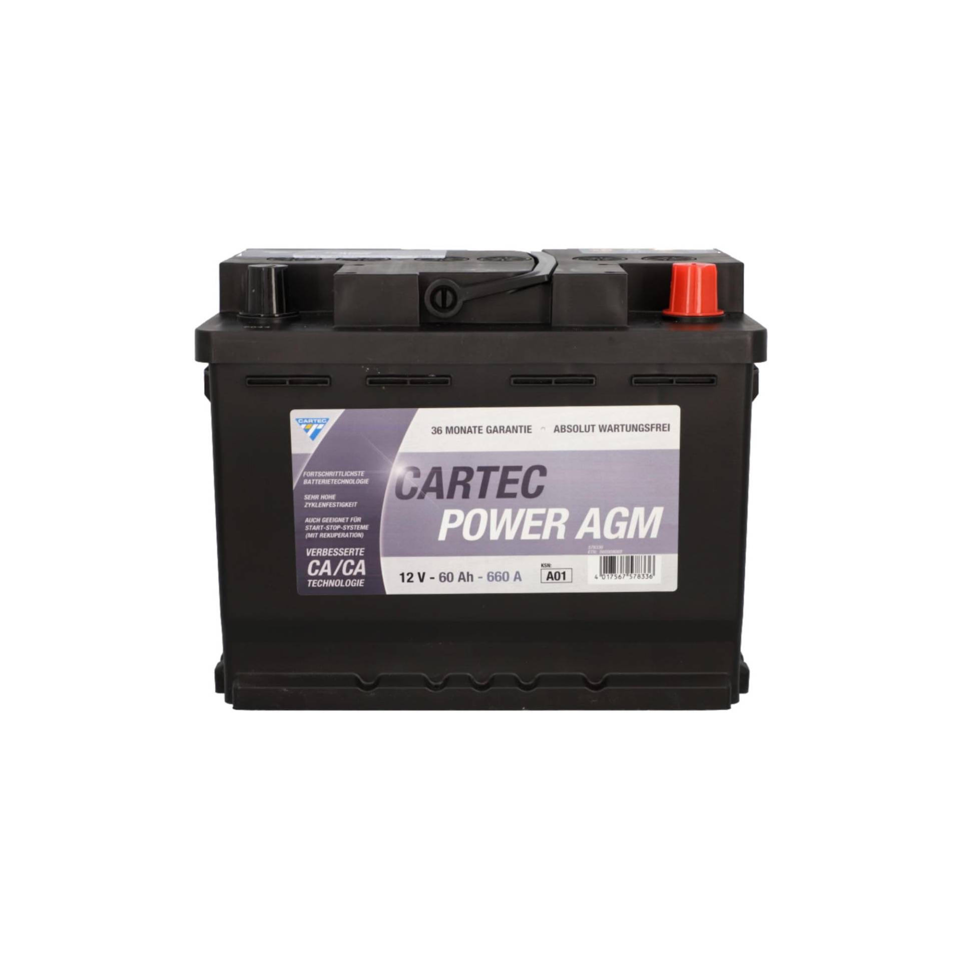 CARTEC Autobatterie POWER AGM 60 AH / 660 A KSN A01, Starterbatterie mit langer Lebensdauer, auslaufsicher, geeignet für alle Fahrzeuge, besonders für Start-Stopp-Systeme, schwarz von Cartec