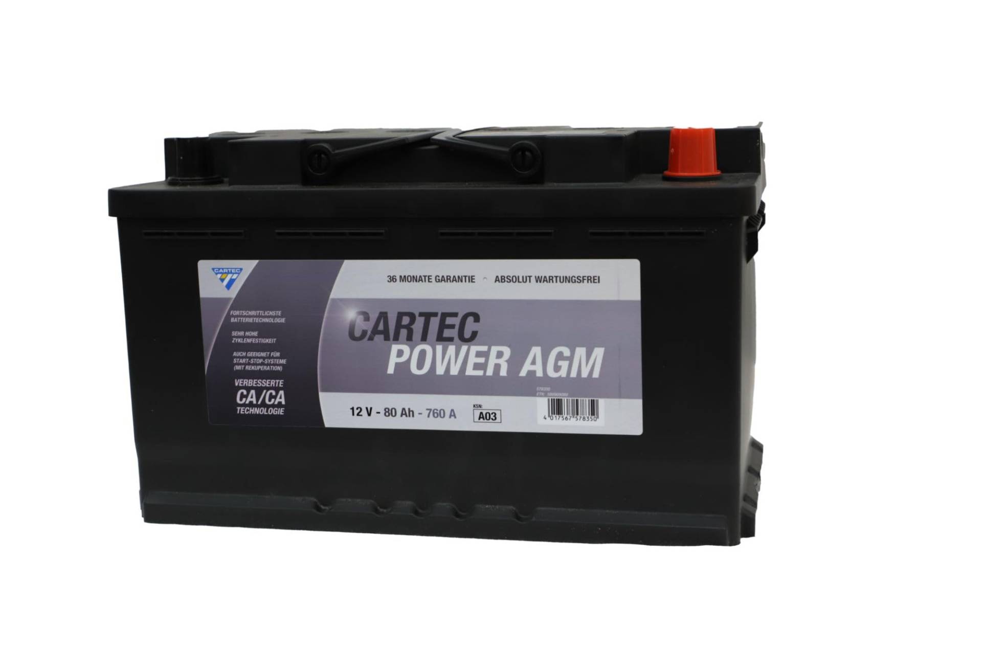 CARTEC Autobatterie POWER AGM 80 AH / 800 A KSN A03, Starterbatterie mit langer Lebensdauer, auslaufsicher, geeignet für alle Fahrzeuge, besonders für Start-Stopp-Systeme, schwarz von Cartec