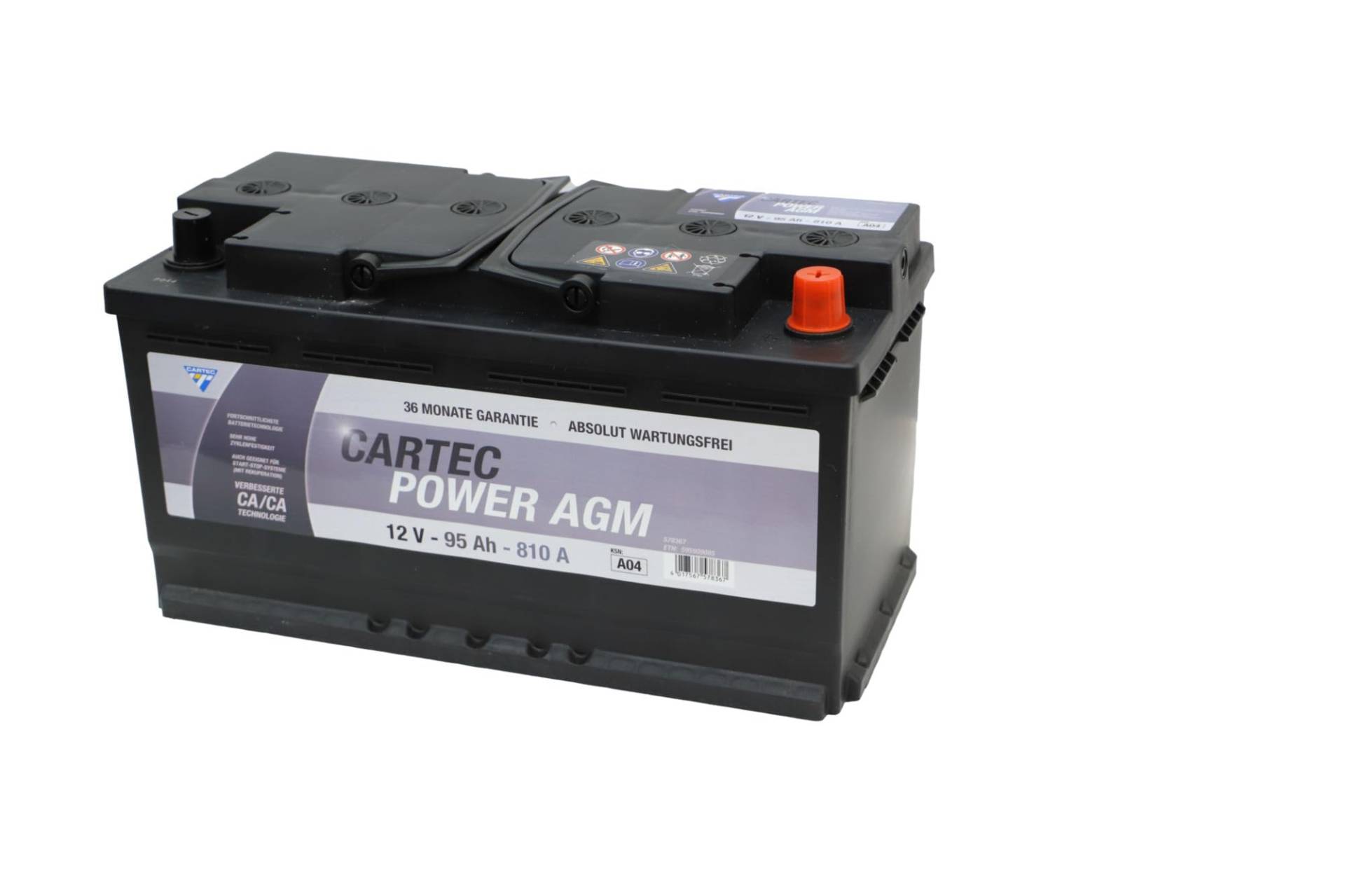 CARTEC Autobatterie POWER AGM 95 AH / 810 A KSN A04, Starterbatterie mit langer Lebensdauer, auslaufsicher, geeignet für alle Fahrzeuge, besonders für Start-Stopp-Systeme, schwarz von Cartec