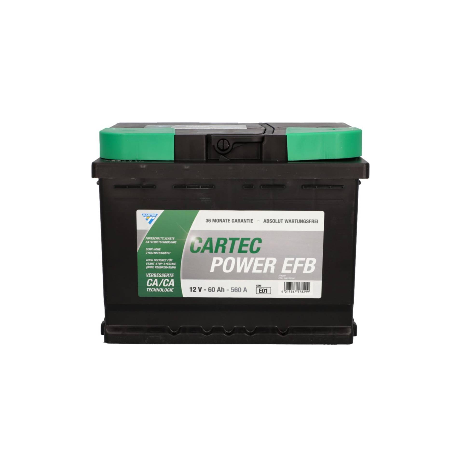 CARTEC Autobatterie POWER EFB 60 AH / 560 A KSN E01, Starterbatterie mit langer Lebensdauer und verbesserter Ladeeffizienz, für moderne und ältere Fahrzeuge, geeignet für Start-Stopp-Systeme, schwarz von Cartec