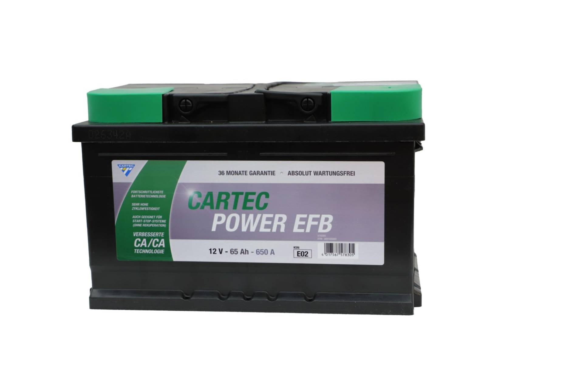 CARTEC Autobatterie POWER EFB 65 AH / 650 A KSN E02, Starterbatterie mit langer Lebensdauer und verbesserter Ladeeffizienz, für moderne und ältere Fahrzeuge, geeignet für Start-Stopp-Systeme, schwarz von Cartec