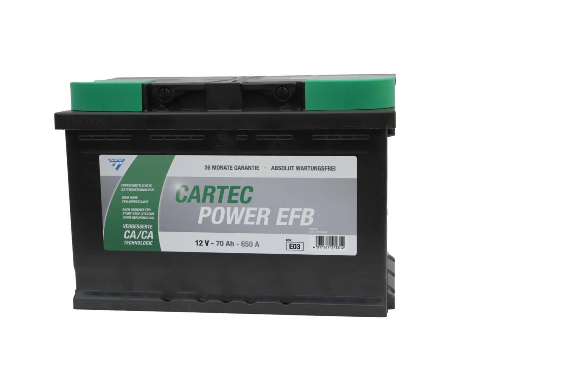 CARTEC Autobatterie POWER EFB 70 AH / 650 A KSN E03, Starterbatterie mit langer Lebensdauer und verbesserter Ladeeffizienz, für moderne und ältere Fahrzeuge, geeignet für Start-Stopp-Systeme, schwarz von Cartec