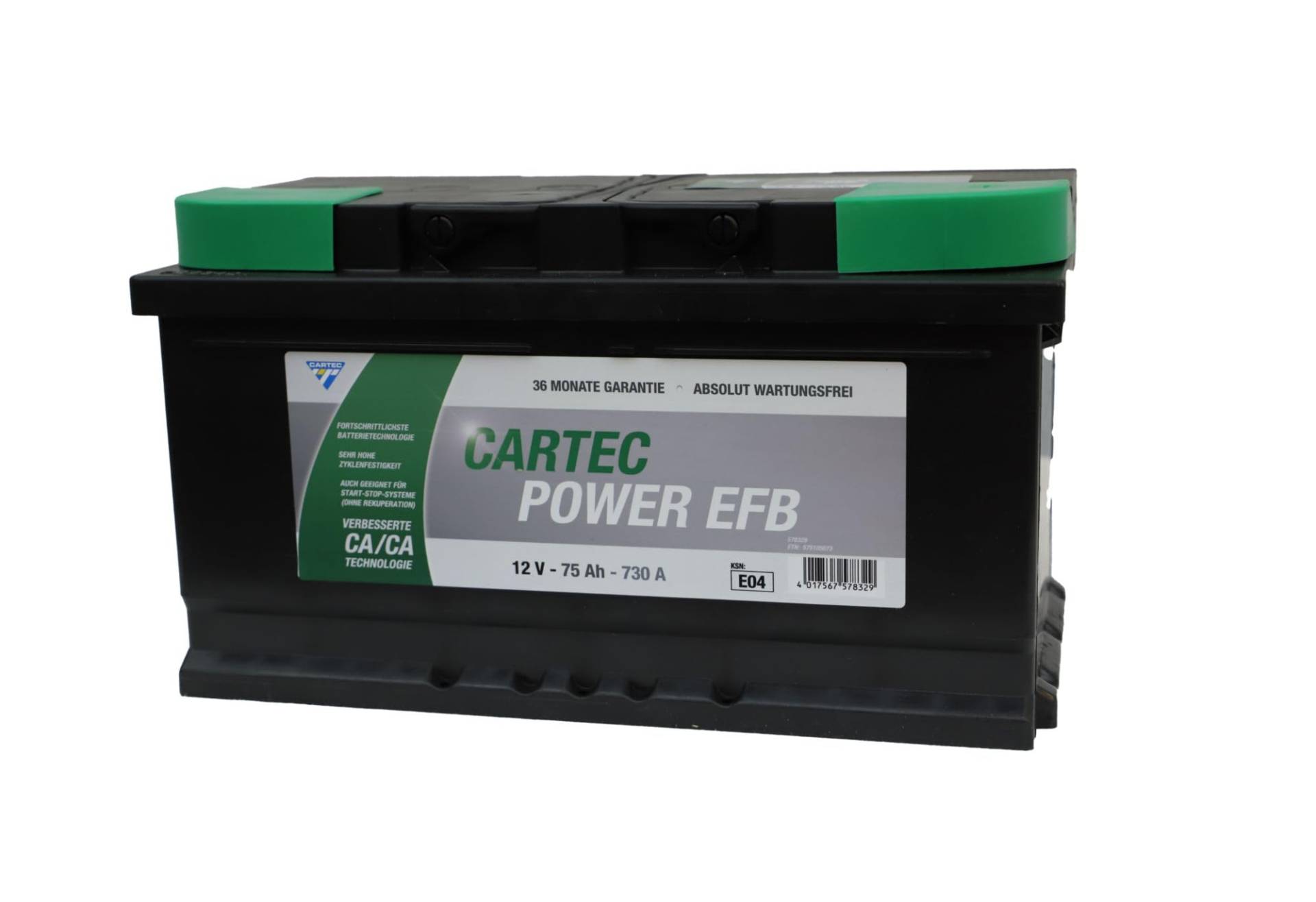 CARTEC Autobatterie POWER EFB 75 AH / 730 A KSN E04, Starterbatterie mit langer Lebensdauer und verbesserter Ladeeffizienz, für moderne und ältere Fahrzeuge, geeignet für Start-Stopp-Systeme, schwarz von Cartec