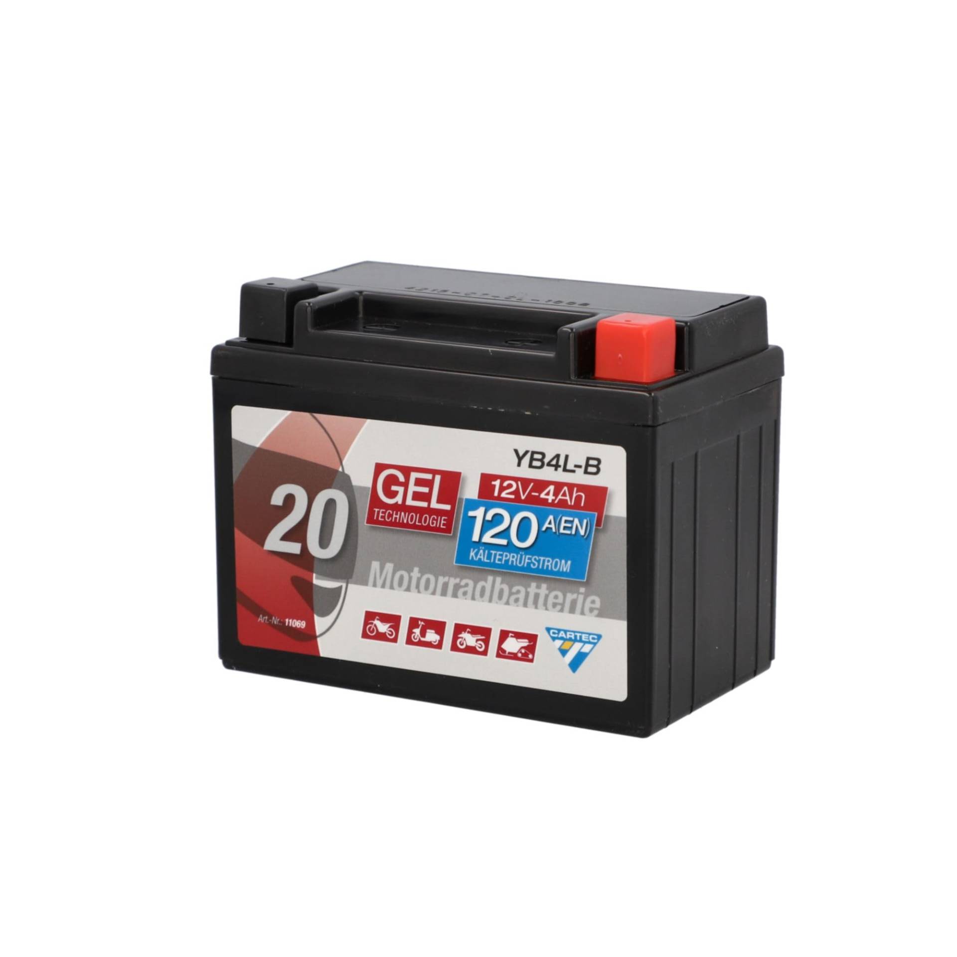 CARTEC Motorradbatterie YB4L-B, 4Ah 56A, Gel Technologie Motorrad-Starter-Batterie, Erstausrüsterqualität, zyklenfest, lagerfähig, wartungsfrei, schwarz von Cartec