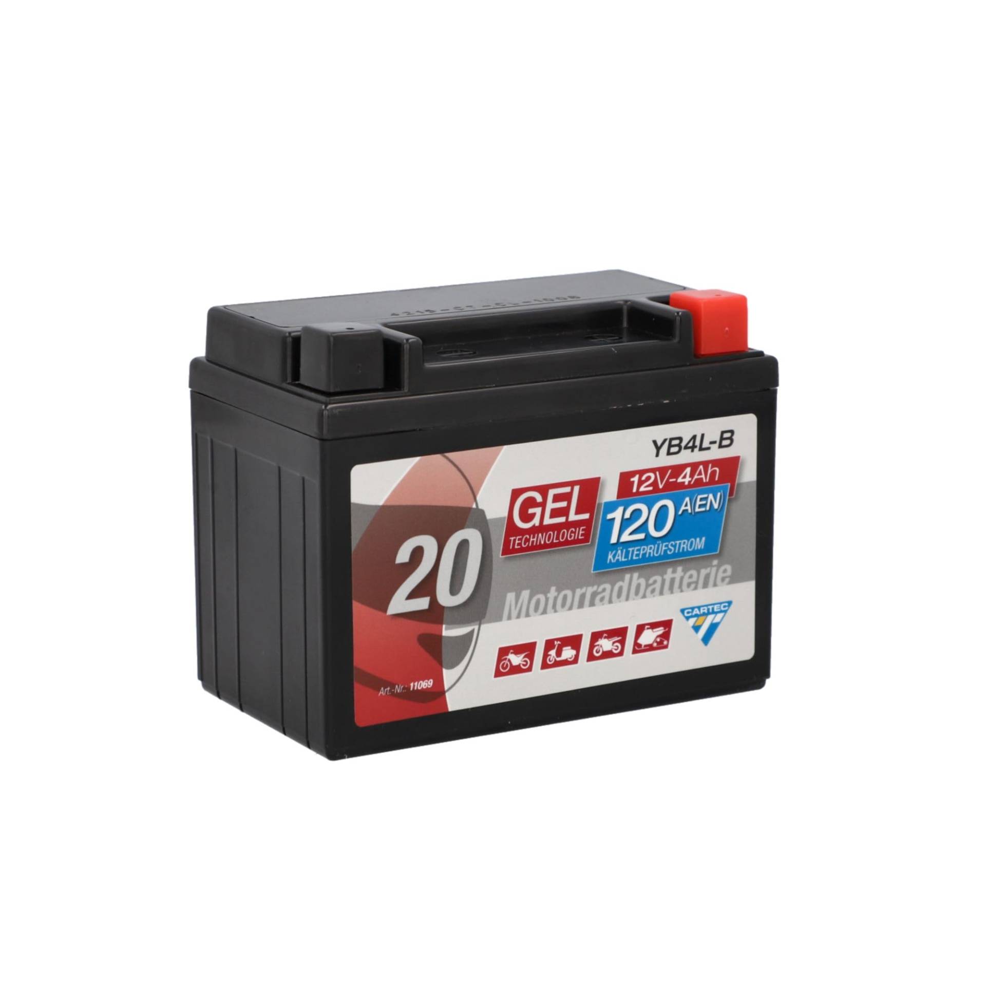 CARTEC Motorradbatterie YB4L-B, 4Ah 56A, Gel Technologie Motorrad-Starter-Batterie, Erstausrüsterqualität, zyklenfest, lagerfähig, wartungsfrei, schwarz von Cartec