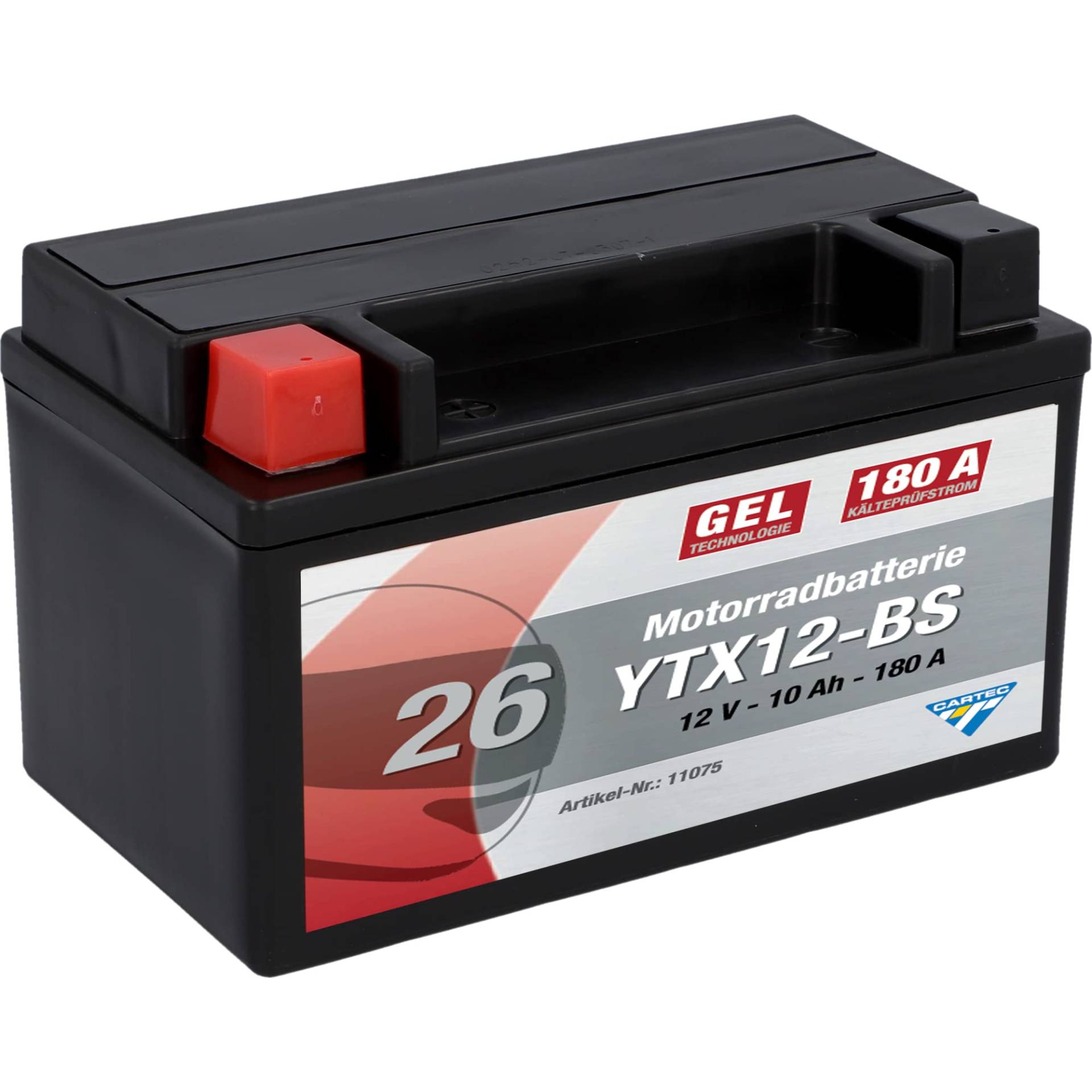 CARTEC Motorradbatterie YTX12-BS, 10Ah, 180A, Gel Technologie Motorrad-Starter-Batterie, Erstausrüsterqualität, zyklenfest, lagerfähig, wartungsfrei, schwarz von Cartec