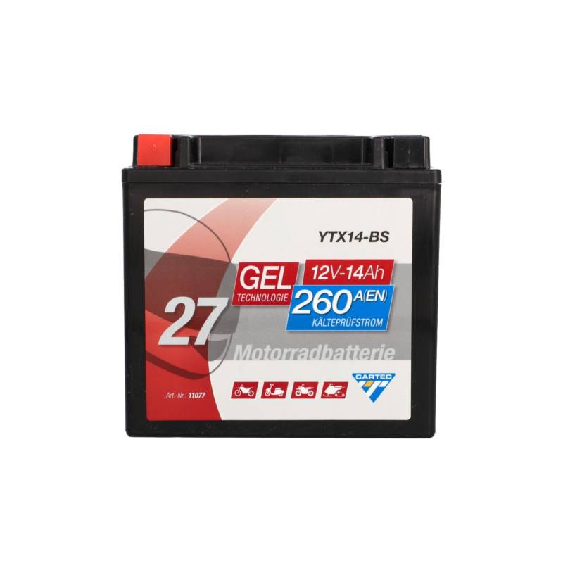 CARTEC Motorradbatterie YTX14-BS, 12Ah, 260A, Gel Technologie Motorrad-Starter-Batterie, Erstausrüsterqualität, zyklenfest, lagerfähig, wartungsfrei, schwarz von Cartec