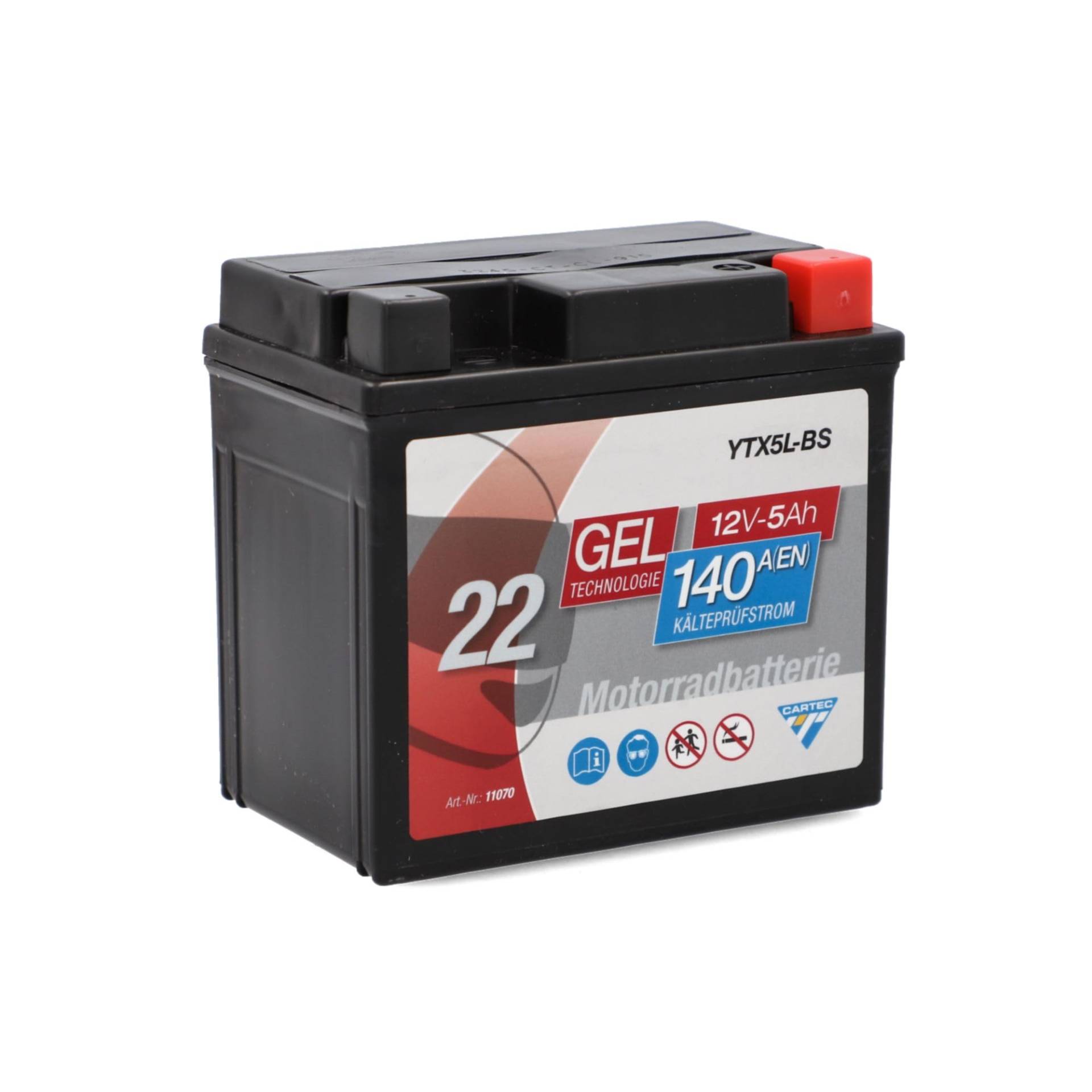 CARTEC Motorradbatterie YTX5L-BS, 4Ah, 80A, Gel Technologie Motorrad-Starter-Batterie, Erstausrüsterqualität, zyklenfest, lagerfähig, wartungsfrei, schwarz von Cartec