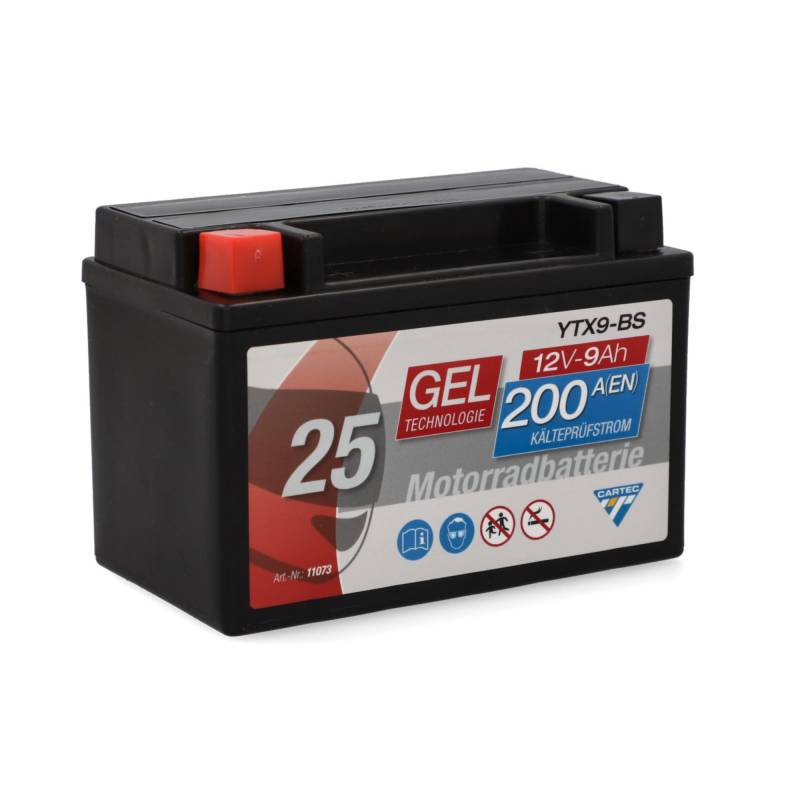 CARTEC Motorradbatterie YTX9-BS, 9Ah, 200A, Gel Technologie Motorrad-Starter-Batterie, Erstausrüsterqualität, zyklenfest, lagerfähig, wartungsfrei, schwarz von Cartec