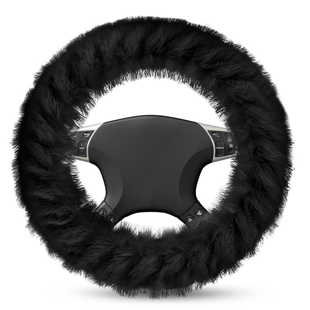 Casenly Winter Warm Plüsch Lenkradabdeckung, Schwarz Fell Lenkradhülle, Auto Atmungsaktiv Fluffy Lenkradschutz, Universal 35-40cm Lenkrad Fellbezug, Warm Auto Winter Zubehoer von Casenly