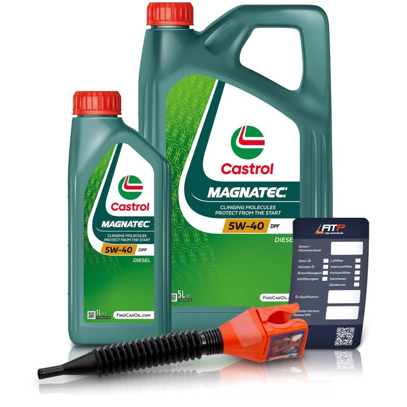 1 L + 5 L = 6 Liter Castrol Magnatec Diesel 5W-40 DPF Motoröl inkl. Castrol Ölwechselanhänger und Einfülltrichter von Castrol Bundle