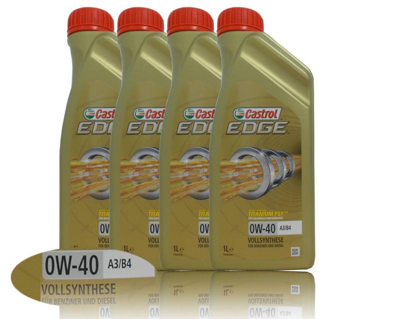 4x 1 L = 4 Liter Castrol Edge Fluid Titanium 0W-40 A3/B4 Motoröl inkl. Castrol Ölwechselanhänger von Castrol Bundle