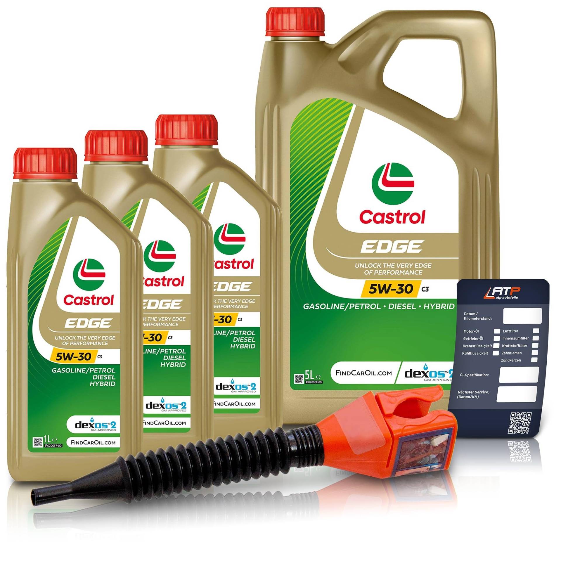 3x 1 L + 5 L = 8 LITER CASTROL Edge Fluid Titanium 5W-30 C3 Motoröl inkl. Castrol Ölwechselanhänger und Einfülltrichter von Castrol