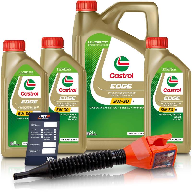 3x 1 L + 5 L = 8 Liter Castrol Edge Fluid Titanium 5W-30 LL Motoröl inkl. Castrol Ölwechselanhänger und Einfülltrichter von Castrol