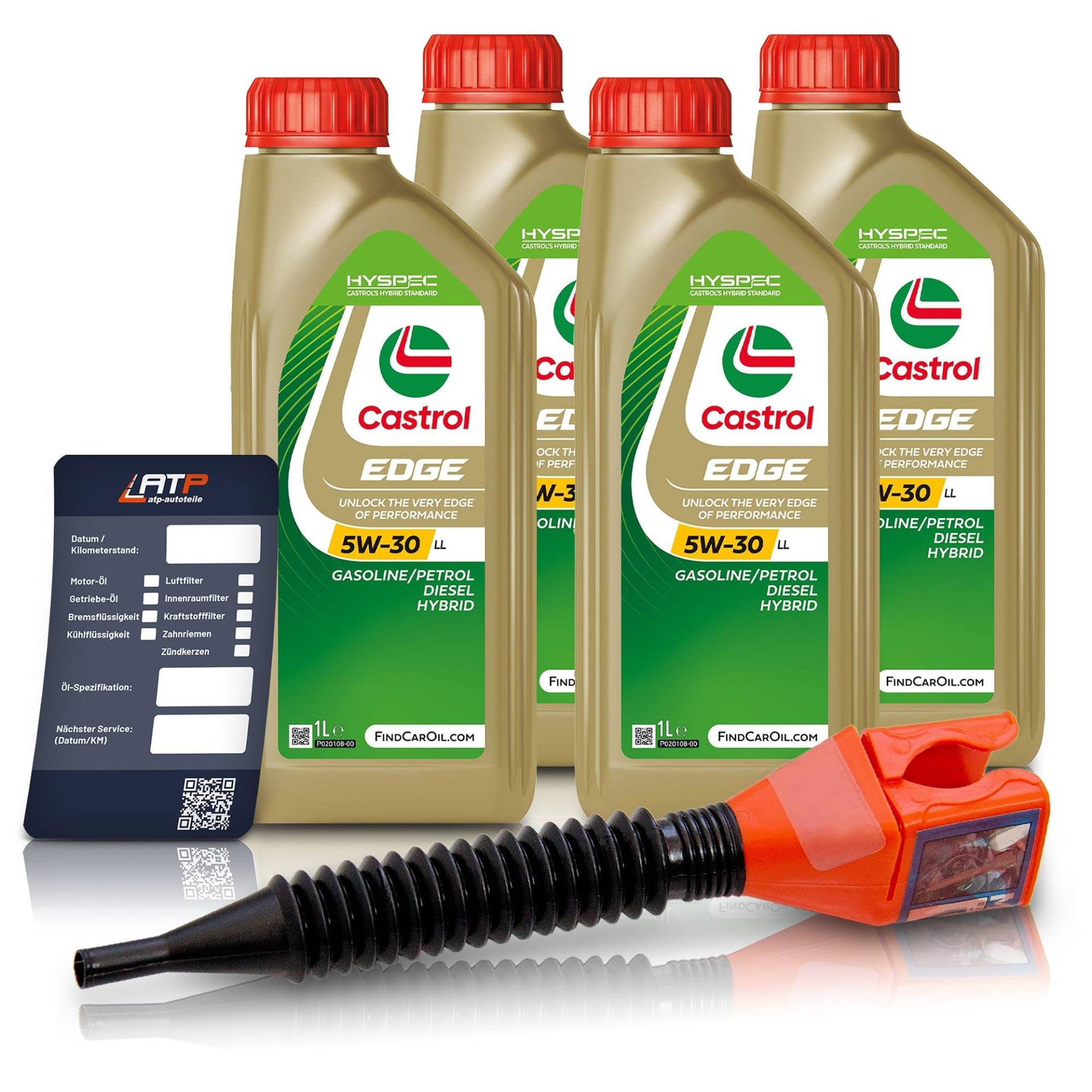 4x 1 L Liter Castrol Edge Fluid Titanium 5W-30 LL Motoröl inkl. Castrol Ölwechselanhänger und Einfülltrichter von Castrol